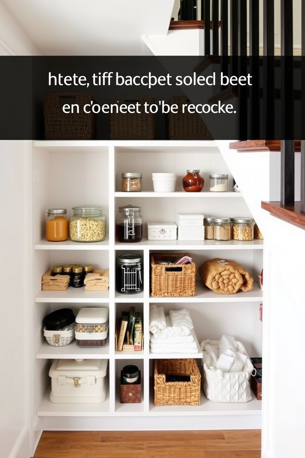 A cozy pantry tucked under the stairs features open cubbies for quick item retrieval. The walls are painted a soft white, and the shelves are filled with neatly organized jars and baskets in various sizes.