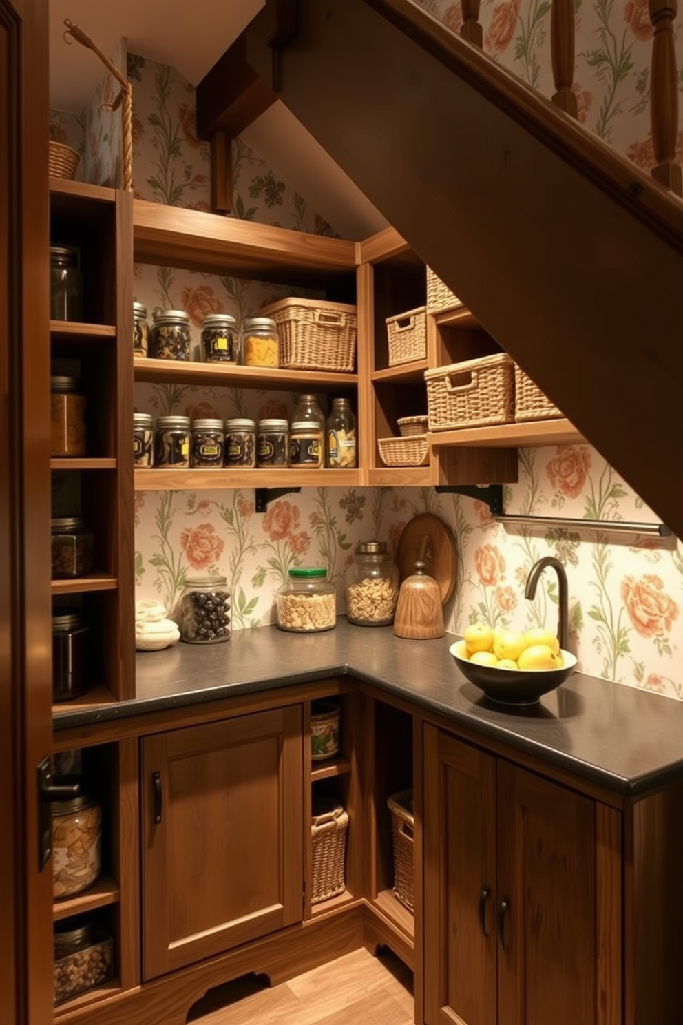 A cozy pantry tucked under the stairs features decorative wallpaper with a floral pattern that adds charm and style. The shelves are made of reclaimed wood, filled with neatly organized jars and baskets, creating a warm and inviting atmosphere. The design showcases a small countertop area for meal prep, adorned with a stylish fruit bowl. Soft lighting highlights the wallpaper, enhancing the overall aesthetic of the space.