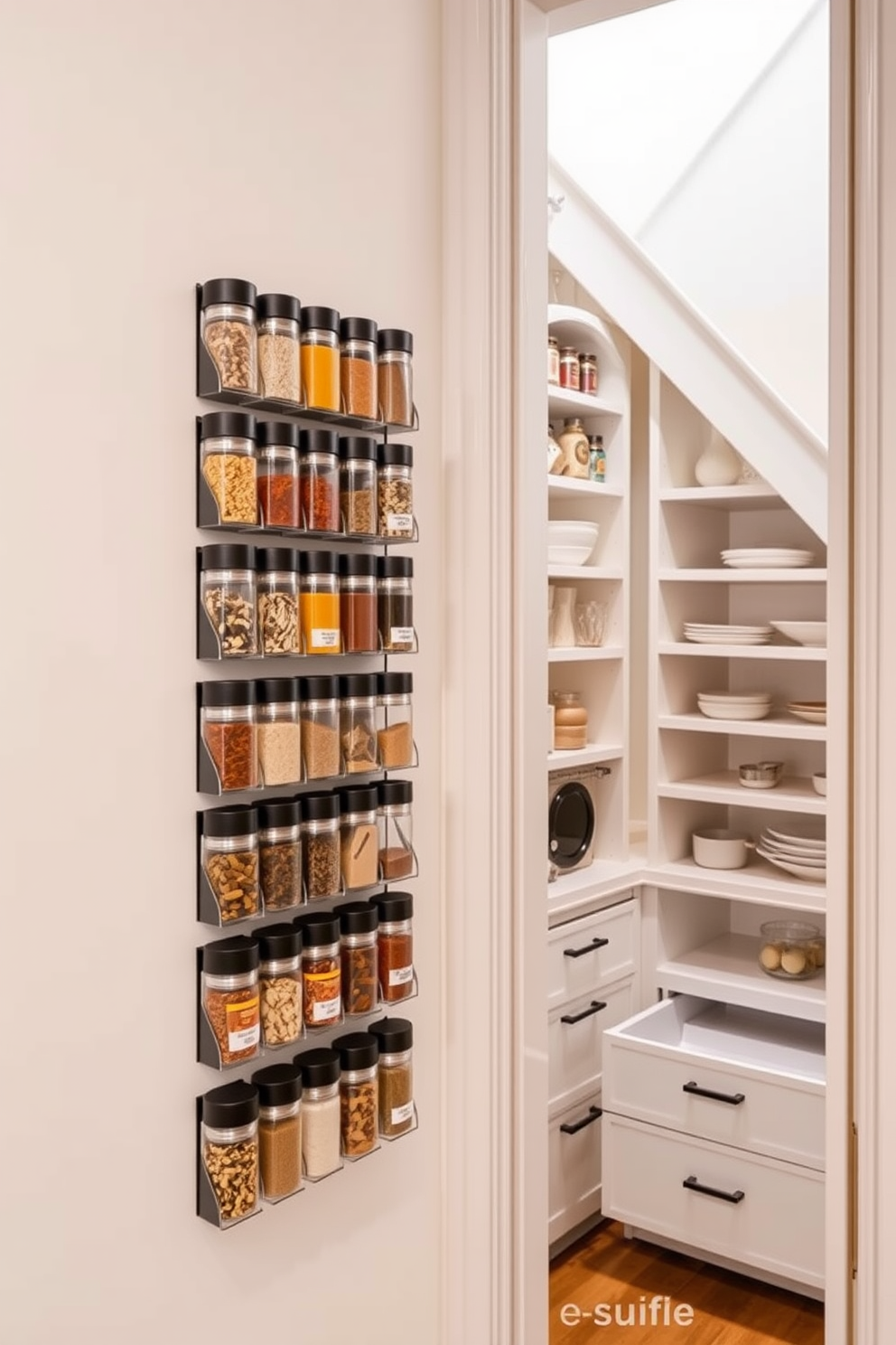 Magnetic spice racks are mounted on the wall, showcasing a variety of colorful spices in clear containers. The sleek design adds a modern touch to the kitchen while keeping the spices easily accessible. The pantry under the stairs is cleverly designed with open shelving and pull-out drawers. Soft lighting illuminates the space, creating an inviting atmosphere for storing kitchen essentials.