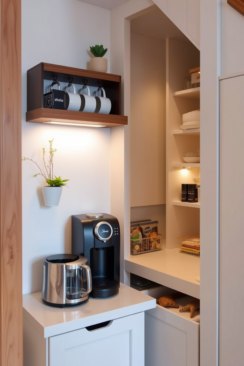 A charming mini coffee station nestled in a cozy corner. It features a sleek espresso machine, a wooden shelf holding an assortment of coffee mugs, and a small potted plant adding a touch of greenery. An inviting pantry under the stairs designed for maximum efficiency. It includes custom shelving for storage, a pull-out drawer for snacks, and soft lighting that creates a warm atmosphere.