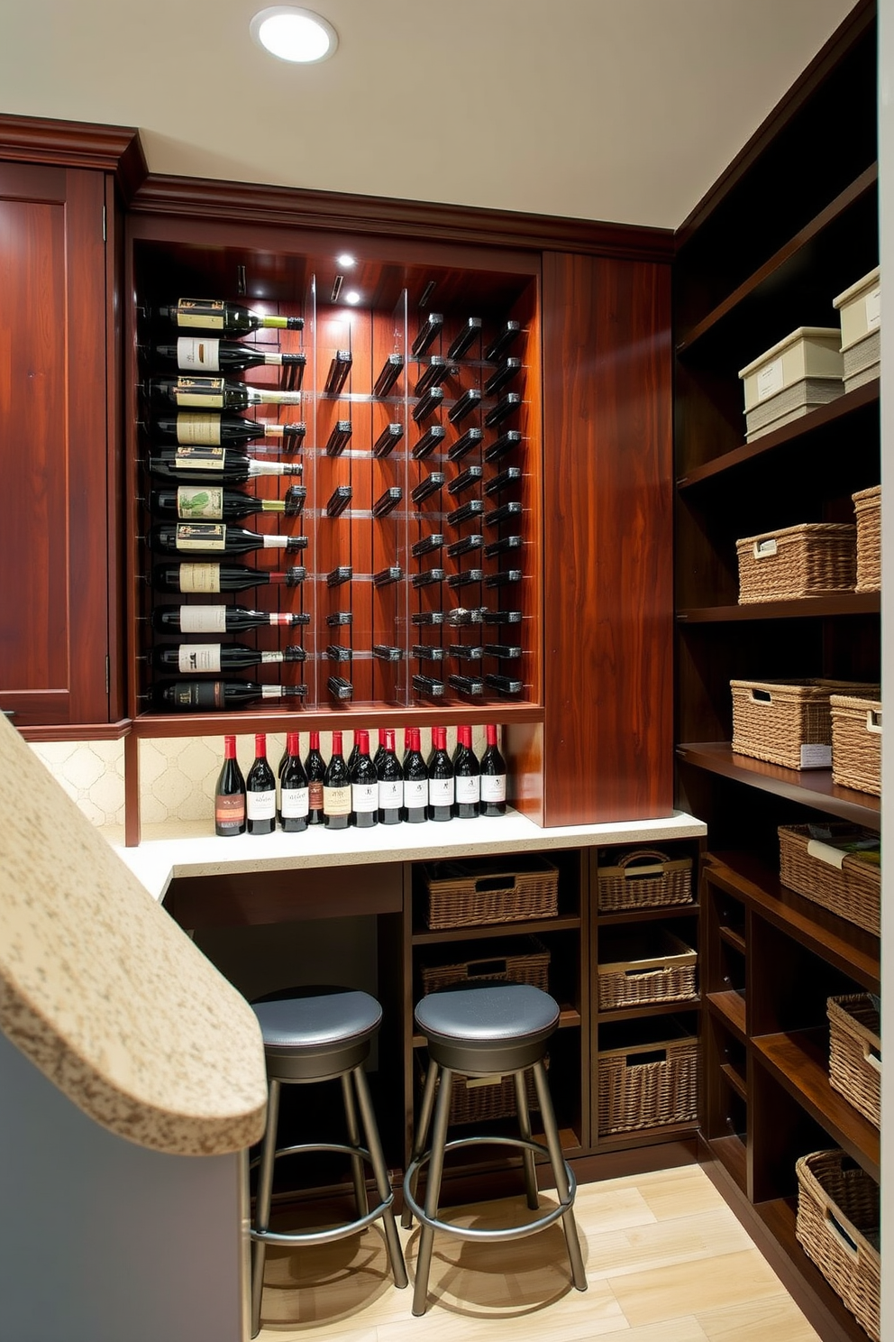 A built-in wine rack elegantly showcases a selection of fine wines against a backdrop of rich wooden cabinetry. The soft ambient lighting highlights the bottles while a small tasting area with two stools invites guests to enjoy a glass. The pantry under the stairs is designed with clever shelving that maximizes storage space while maintaining a sleek appearance. Open shelving and decorative baskets create an organized yet stylish area that complements the overall decor of the home.