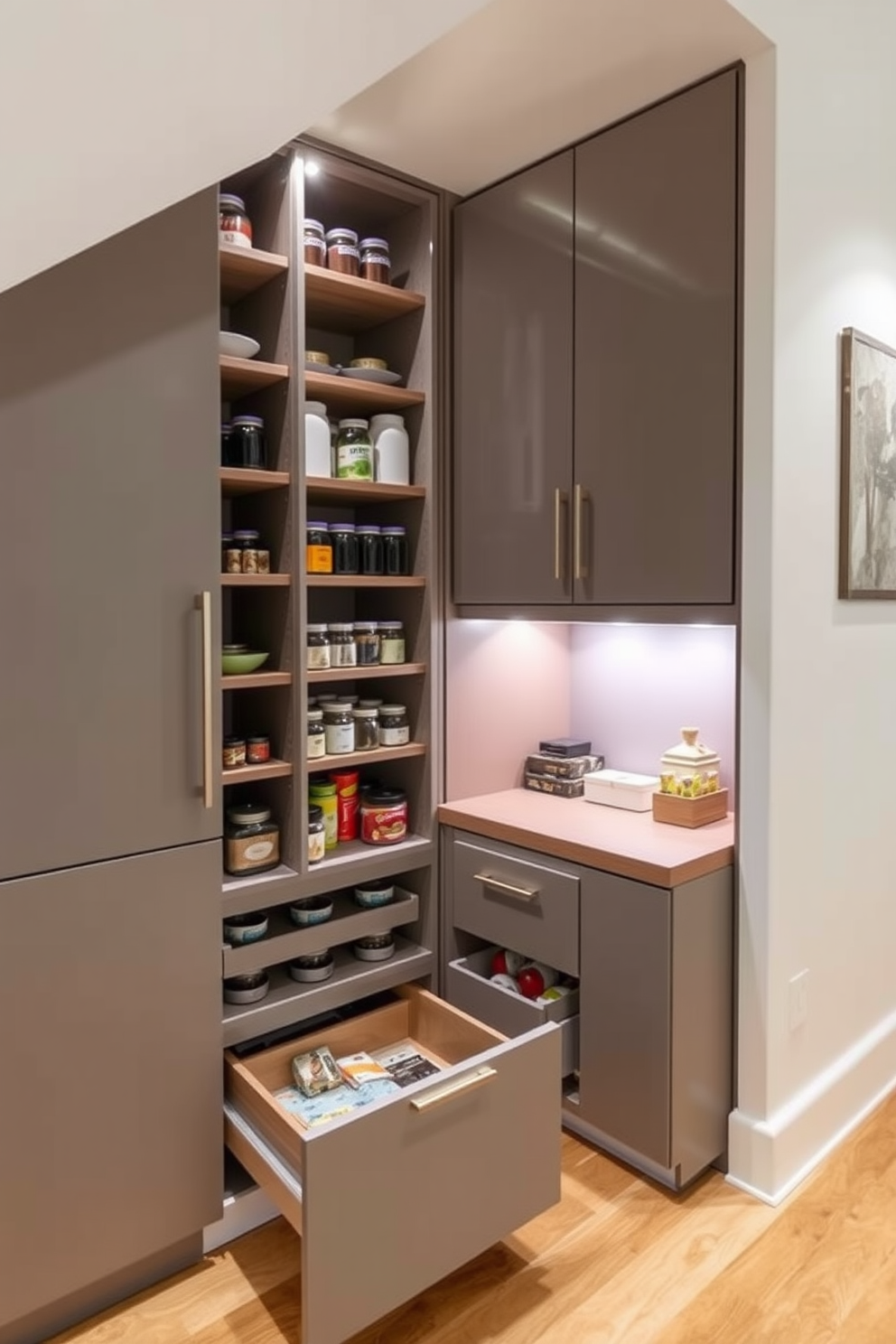 A modern under-stair pull-out pantry designed for maximum efficiency. The pantry features sleek cabinetry with a combination of open shelves and pull-out drawers, showcasing neatly organized jars and containers. The walls are painted in a light neutral color to enhance brightness, while the floor is finished with warm wood tones. Soft LED lighting illuminates the space, highlighting the pantry's contents and providing a welcoming ambiance.