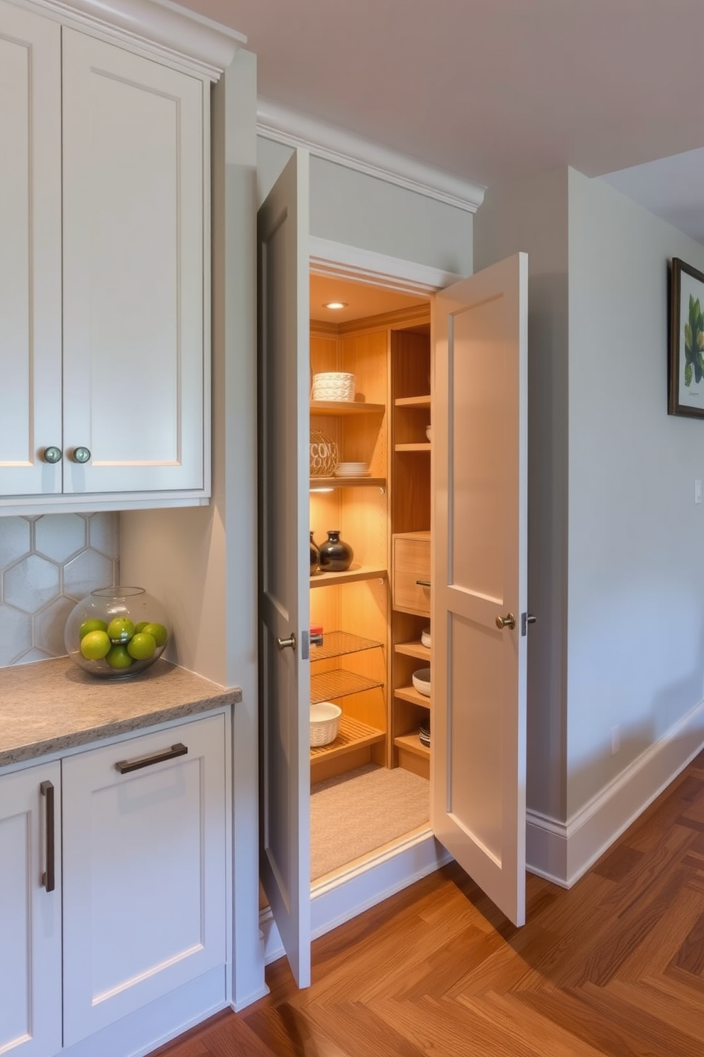 Custom cabinetry designed to fit unique spaces creates a seamless integration with the surrounding architecture. The cabinetry features a mix of open shelving and closed storage, highlighting both functionality and style. For the pantry under the stairs, consider a design that maximizes storage while maintaining accessibility. Incorporate pull-out shelves and clever lighting to enhance visibility and showcase the pantry's contents.