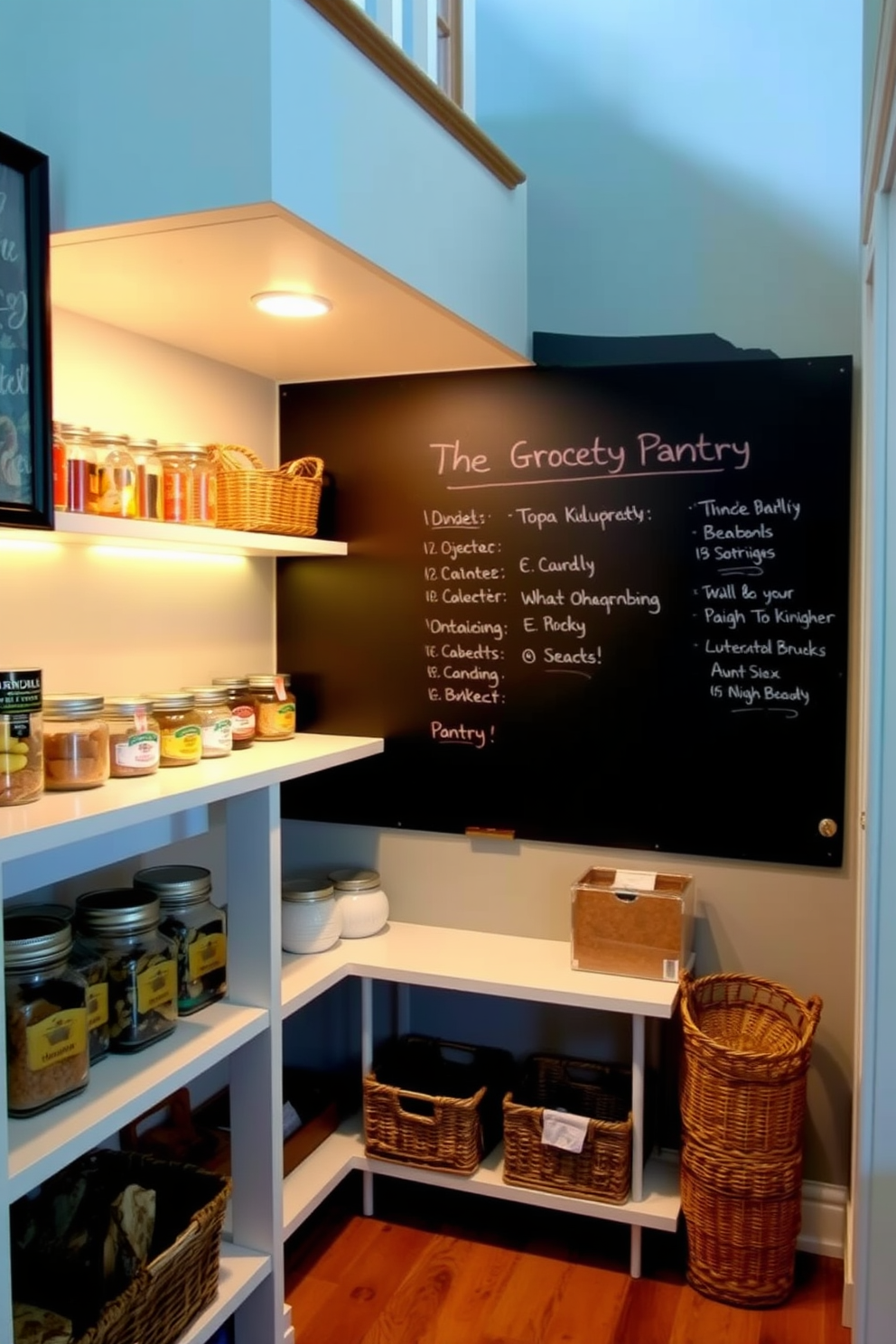 A cozy pantry under the stairs features a chalkboard wall for grocery lists, allowing for easy organization and accessibility. The space is illuminated with warm lighting, showcasing neatly arranged shelves filled with jars and baskets for a charming touch.