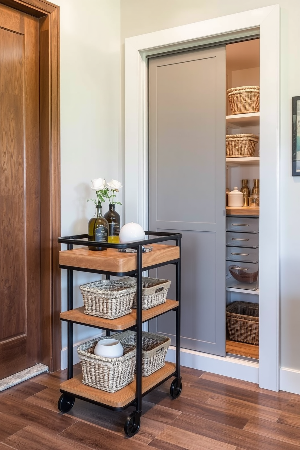 A stylish rolling cart designed for flexible storage. The cart features multiple tiers with a combination of wooden and metal elements, and it is adorned with decorative baskets for organization. An innovative pantry design under the stairs. The space is maximized with custom shelving, pull-out drawers, and a sleek sliding door that blends seamlessly with the surrounding wall.