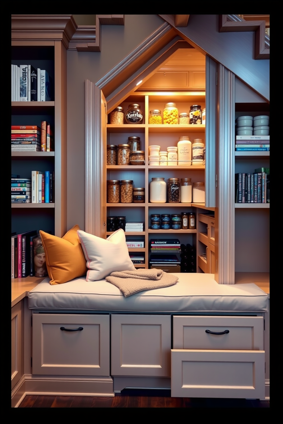 A cozy built-in seating area with plush cushions and a soft throw blanket. The surrounding cabinetry features ample storage space for books and games, painted in a warm, inviting color. The pantry under the stairs is cleverly designed with open shelving and pull-out drawers for easy access. Soft lighting highlights the organized jars and containers, creating a functional yet aesthetically pleasing space.
