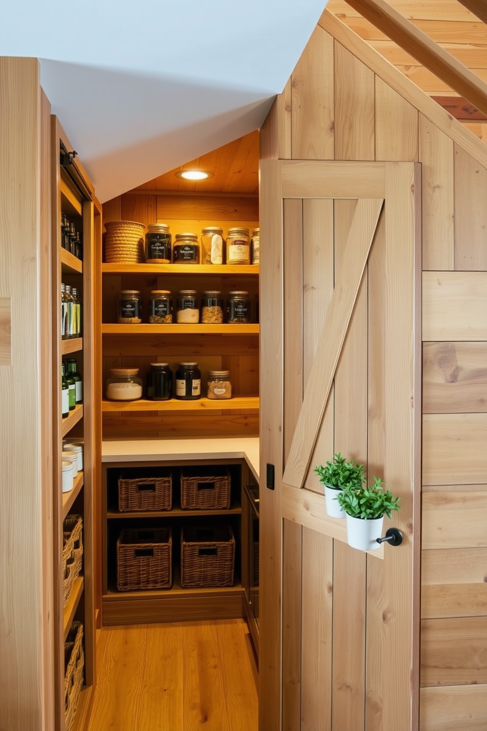 A cozy pantry tucked under the stairs features natural wood finishes that create a warm and inviting atmosphere. Shelves made of reclaimed wood are filled with neatly organized jars and baskets, while soft lighting highlights the textures of the wood. The design incorporates a sliding door with a rustic finish, blending seamlessly with the surrounding space. A small countertop area is included for meal prep, adorned with potted herbs that add a touch of greenery.