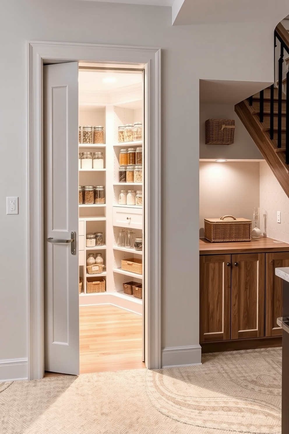 A stylish Murphy door leads to a hidden pantry seamlessly integrated into the wall. The pantry features open shelving filled with neatly organized jars and baskets, maximizing space while maintaining an elegant aesthetic. The design under the stairs includes a cozy nook with built-in cabinetry and soft lighting. This multifunctional space combines storage and style, providing easy access to pantry essentials while enhancing the overall interior design.