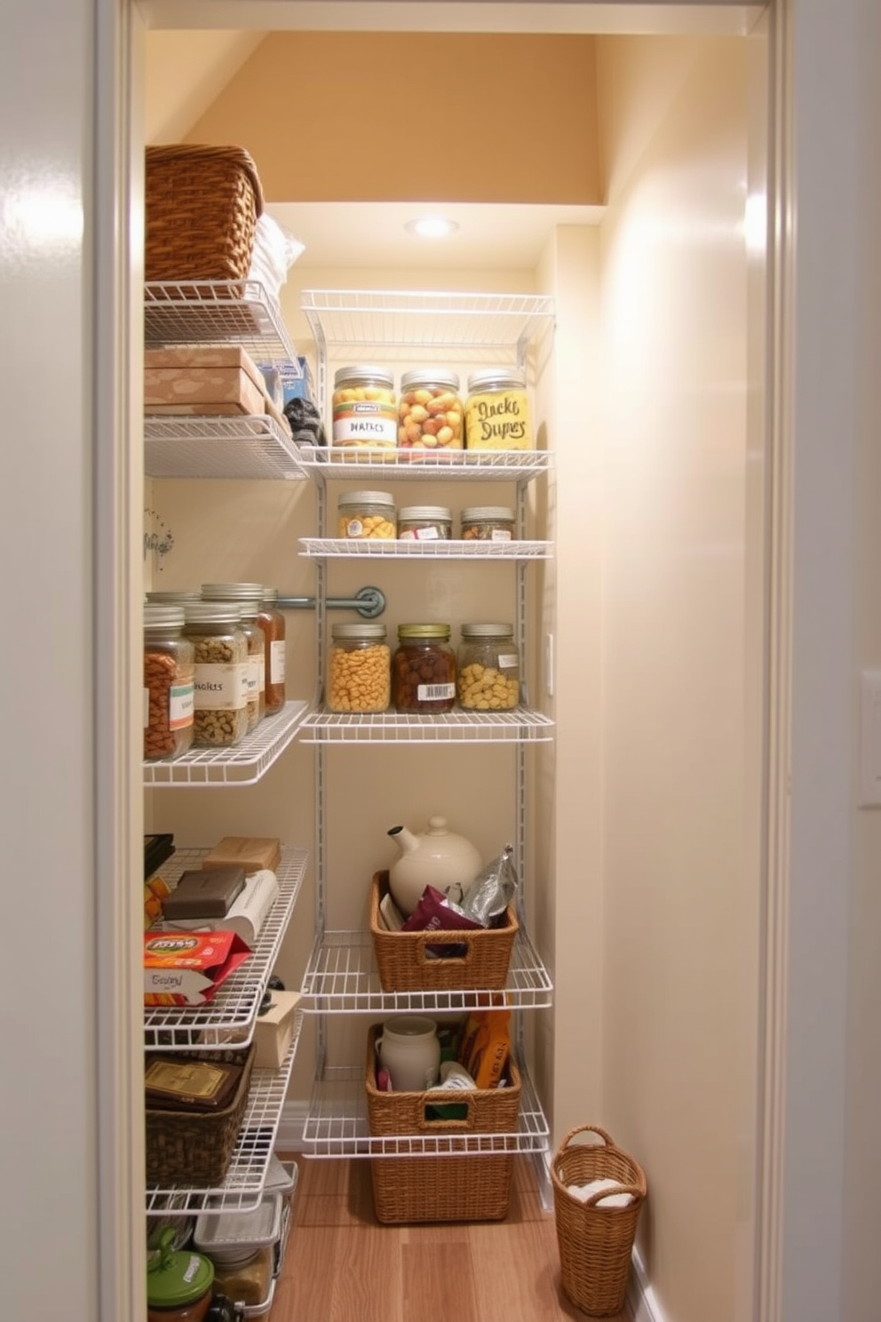 A cozy pantry tucked under the stairs features sleek wire racks for easy ventilation and organization. The shelves are filled with neatly labeled jars and baskets, showcasing a variety of dry goods and snacks. The walls are painted a soft cream color, creating a warm and inviting atmosphere. Soft LED lighting illuminates the space, highlighting the functional yet stylish design of the pantry.
