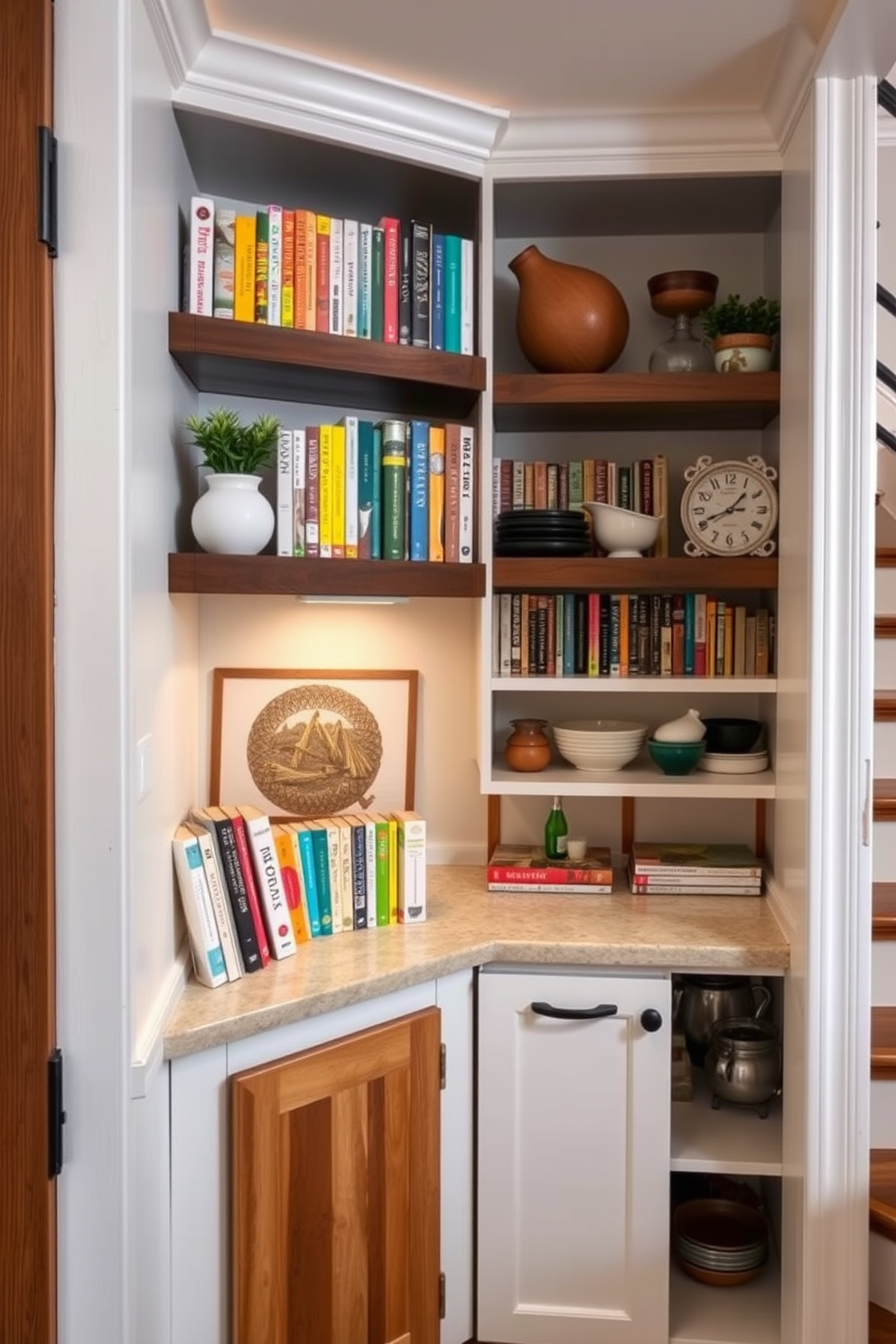 Artistic display of cookbooks and decor in a cozy kitchen nook. The shelves are filled with a curated collection of colorful cookbooks, accented by small potted plants and decorative bowls. Pantry under the stairs featuring a clever use of space. The design includes open shelving for easy access to ingredients, complemented by warm lighting and a rustic wooden door.