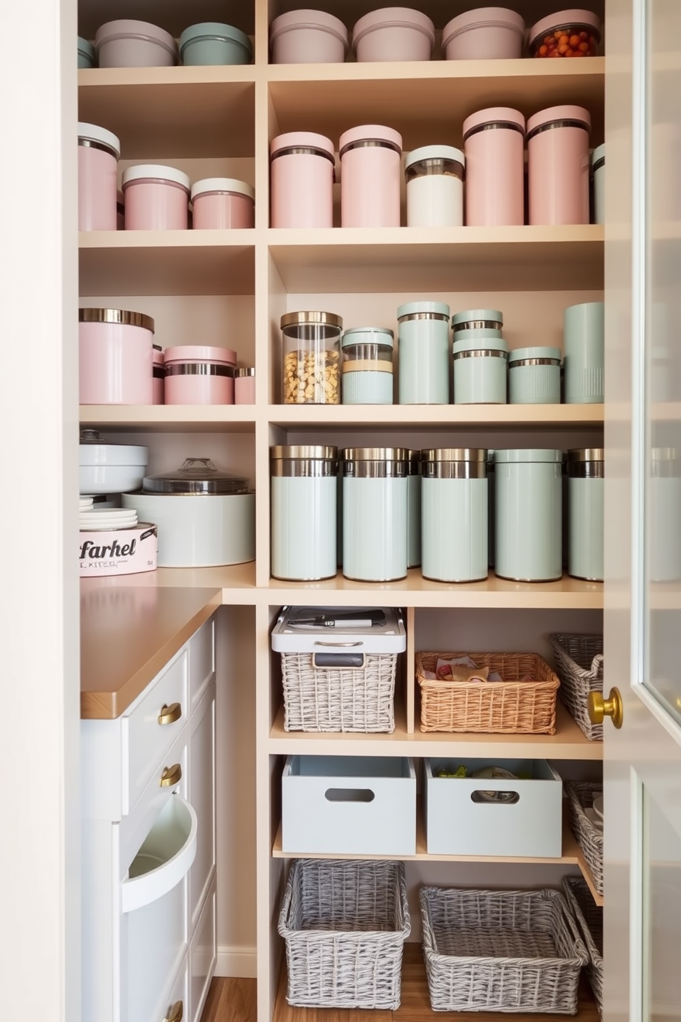 Color-coordinated containers are neatly arranged on shelves, creating a visually pleasing display. The containers vary in size and shape, all harmonizing in a palette of soft pastels. The pantry under the stairs features custom-built shelving that maximizes the available space. Cleverly designed pull-out drawers and baskets provide easy access to dry goods and kitchen essentials.