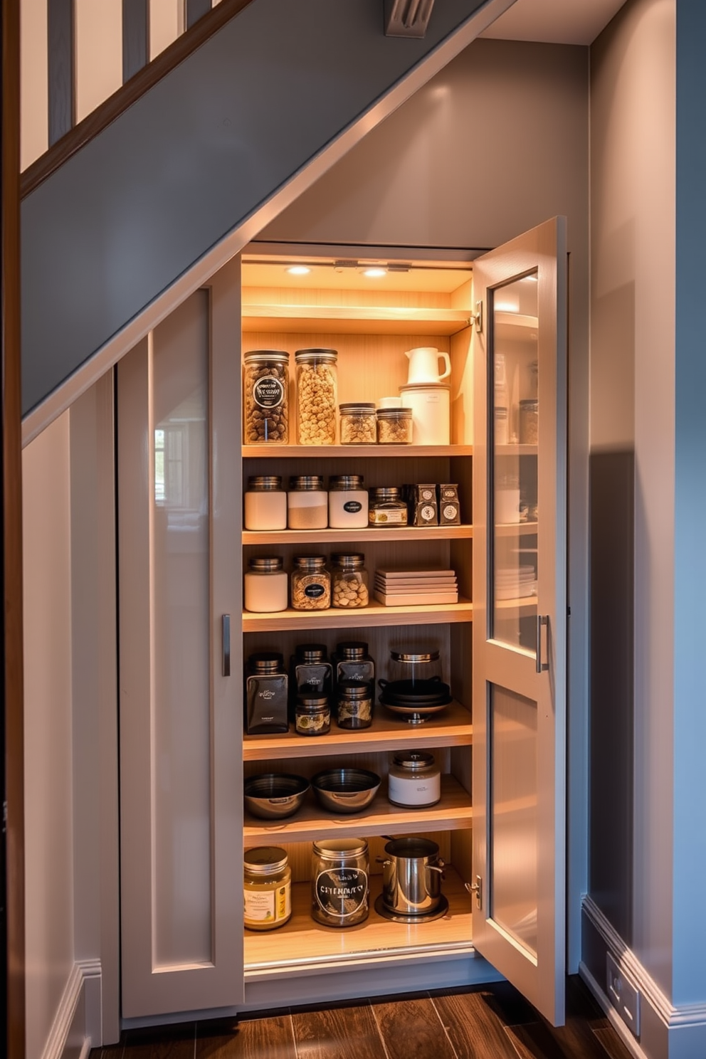 A stylish pantry designed under the stairs features a glass door cabinet that showcases neatly organized jars and containers. The interior is illuminated with warm lighting, highlighting the elegant wood shelves and the decorative elements that enhance the overall aesthetic.