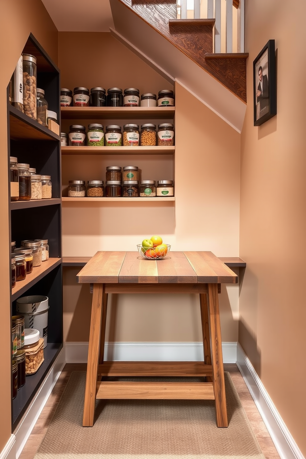 A cozy under-stair pantry features a fold-down table that can be used for meal prep or as a small dining area. The shelves are filled with neatly organized jars and containers, while the walls are painted in a warm neutral tone to enhance the inviting atmosphere. The fold-down table is crafted from reclaimed wood, adding rustic charm to the space. Soft lighting illuminates the pantry, creating a welcoming ambiance perfect for both storage and casual gatherings.
