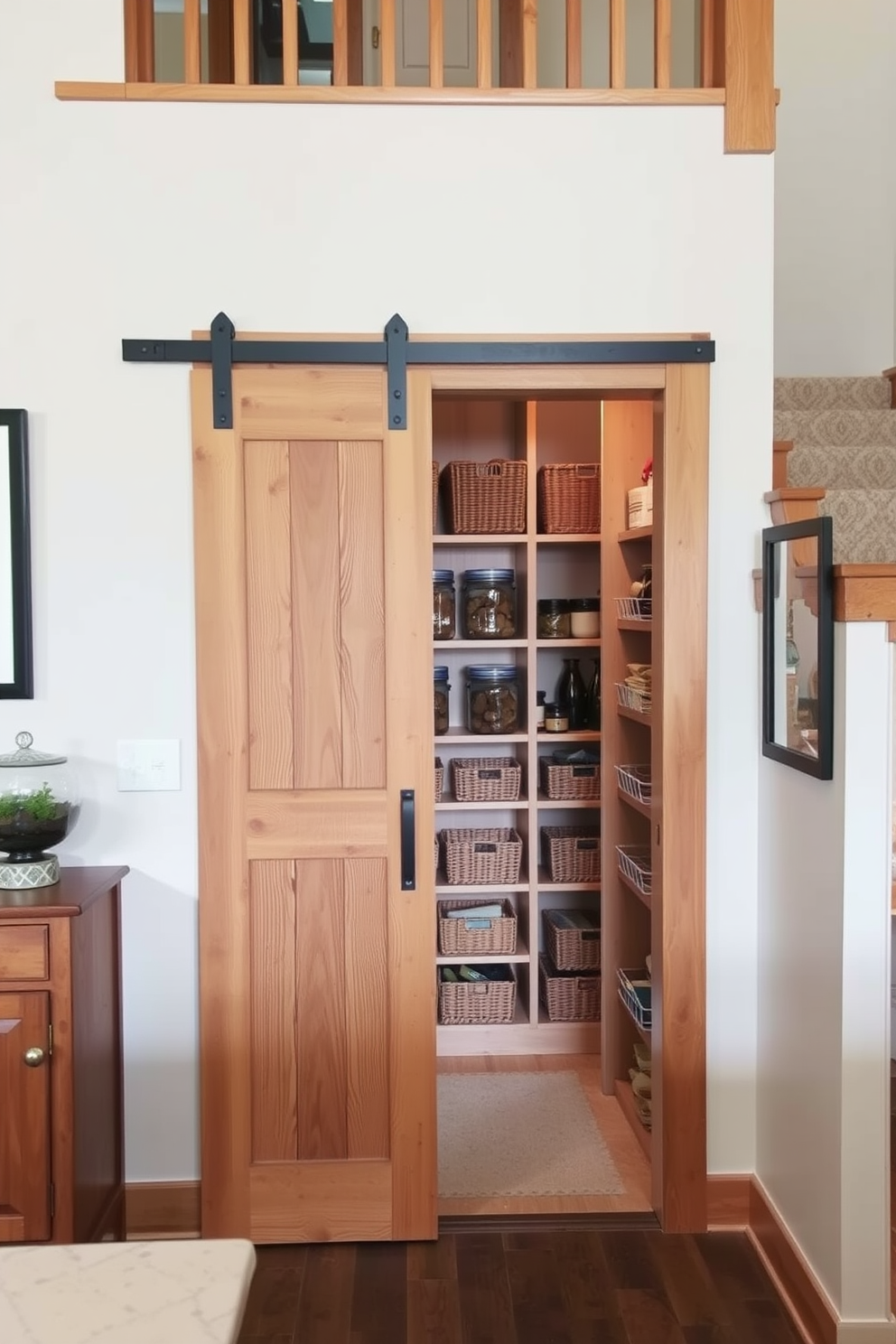 A sliding barn door adds rustic charm to any space, creating a warm and inviting atmosphere. The natural wood finish complements the surrounding decor while providing easy access to the pantry. The pantry under the stairs is a clever use of space that maximizes storage potential. Shelves lined with organized jars and baskets make this area both functional and visually appealing.