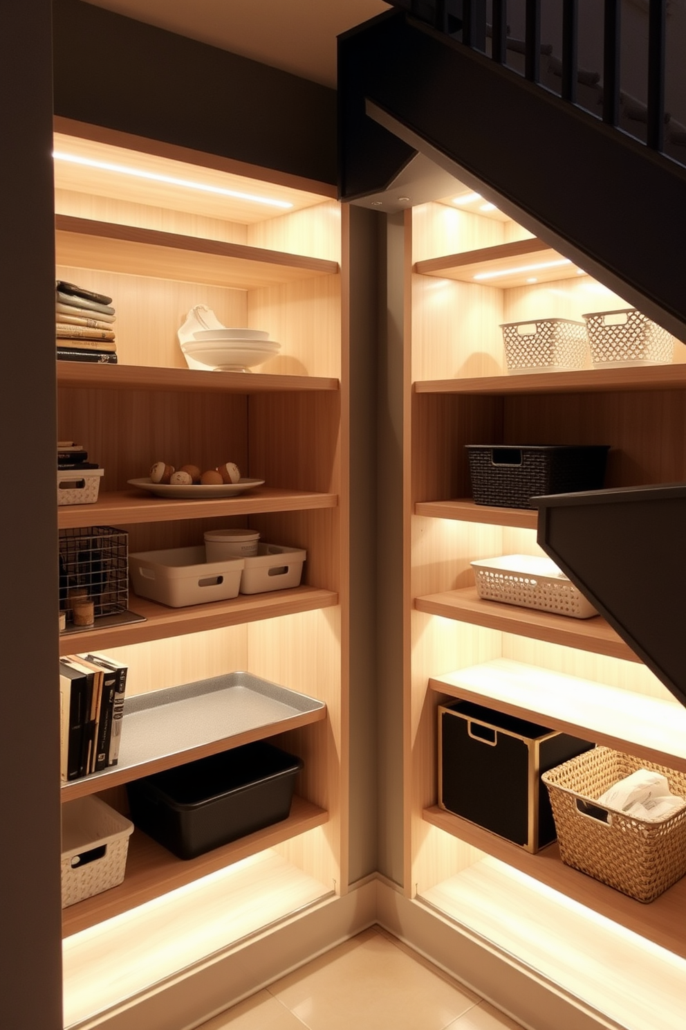 Corner shelves for maximizing space. The shelves are designed in a sleek, modern style with a light wood finish, seamlessly blending into the corner of the room. Pantry Under the Stairs Design Ideas. This pantry features open shelving with organized storage bins, illuminated by soft LED lighting to create a warm and inviting atmosphere.