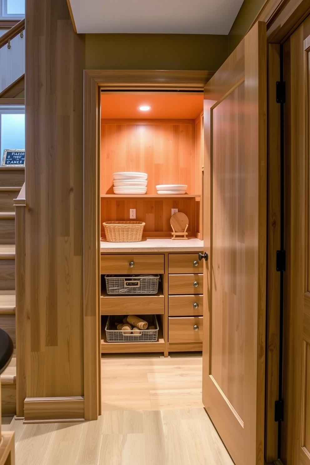 A cozy pantry tucked under the stairs features pull-out drawers for organized storage. The design incorporates warm wood tones and soft ambient lighting to create an inviting atmosphere.
