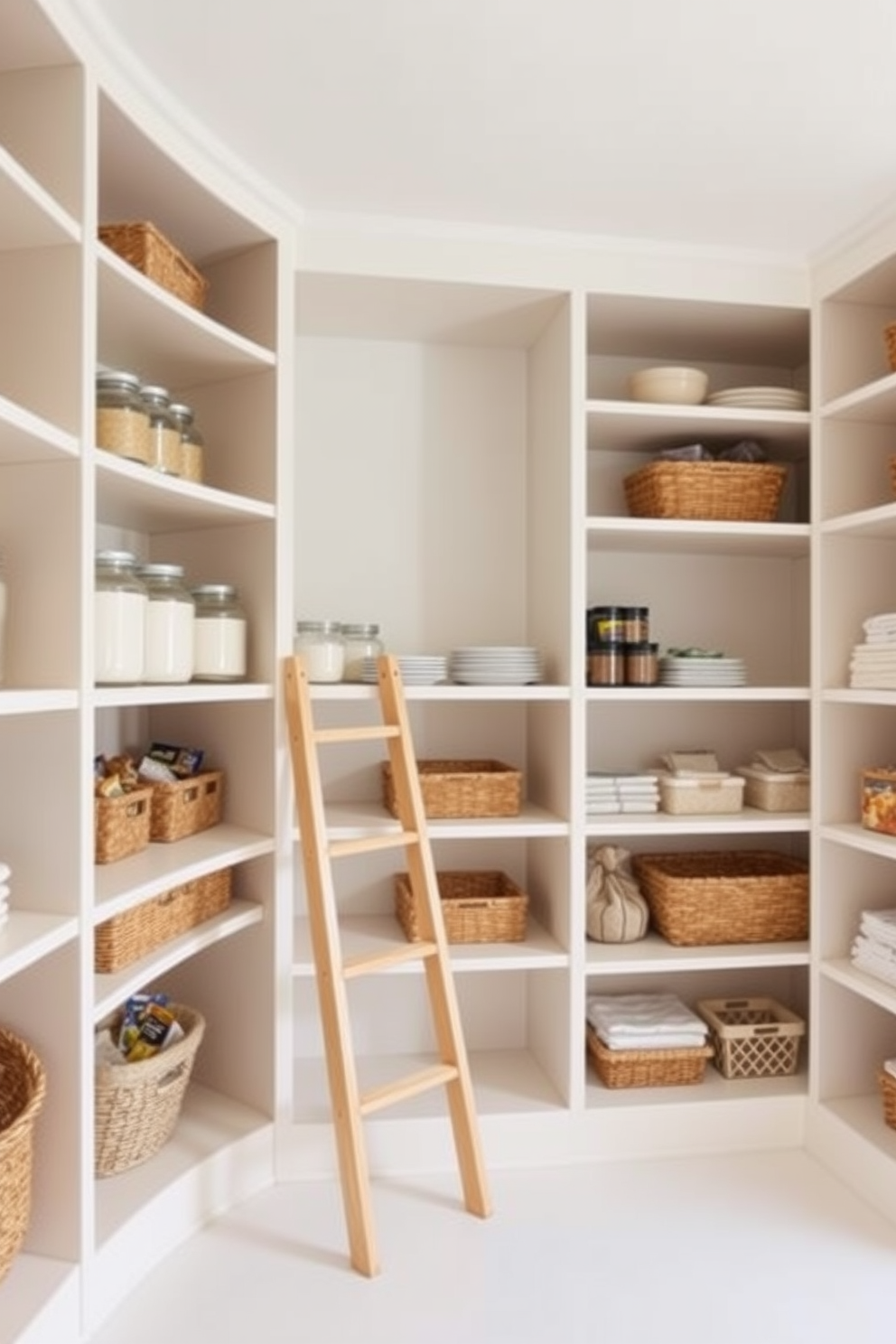 A modern pantry design featuring ladder-style shelves that create an open and airy feel. The shelves are filled with neatly organized jars and baskets, adding a touch of warmth and functionality to the space. The walls are painted in a light neutral color, enhancing the brightness of the area. A small wooden ladder leans against the shelves, providing easy access to higher items while adding a stylish element to the design.