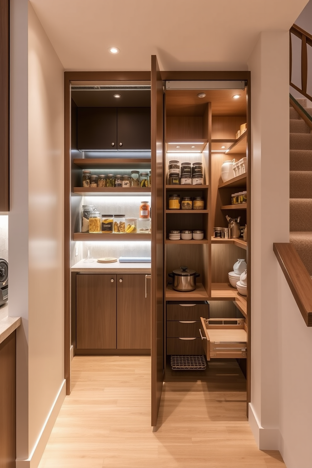 A hidden pantry is cleverly concealed behind a false wall, featuring sleek cabinetry that seamlessly matches the surrounding decor. Inside, shelves are stocked with neatly organized jars and containers, illuminated by soft LED lighting that highlights the pantry's functionality. The pantry under the stairs is designed with a cozy, inviting atmosphere, utilizing the space efficiently with custom shelving and pull-out drawers. Warm wood tones and soft lighting create an appealing contrast to the otherwise underutilized area, making it a charming addition to the home.
