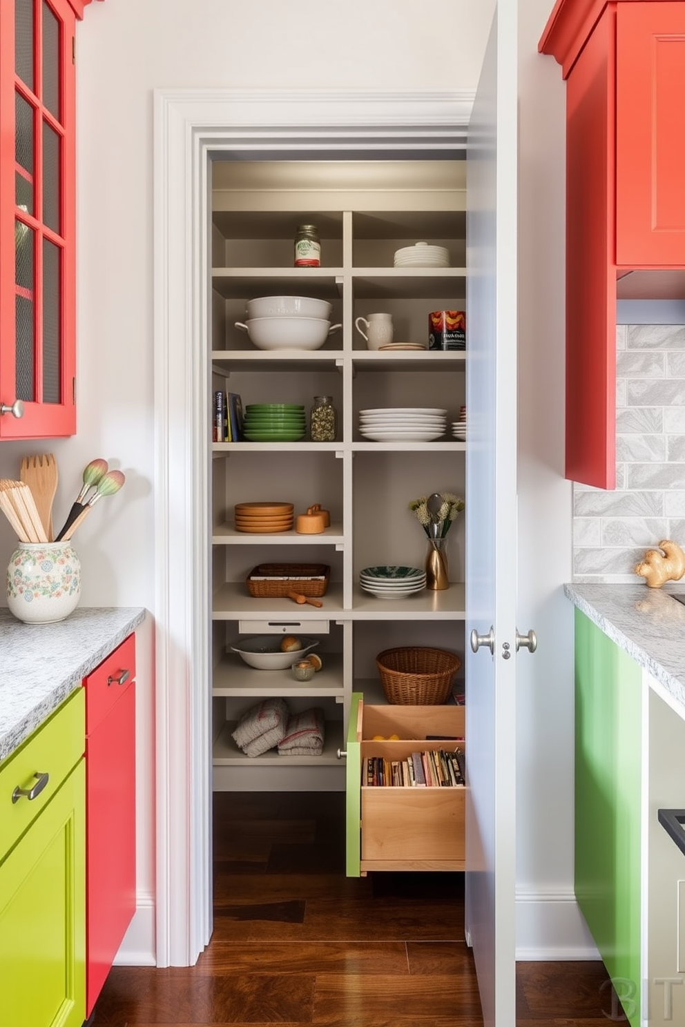 Colorful painted cabinetry adds a vibrant touch to the kitchen, creating a focal point that enhances the overall aesthetic. The cabinetry features a mix of bold hues and playful patterns, inviting creativity and warmth into the space. The pantry under the stairs is designed to maximize storage while maintaining accessibility and style. Clever shelving solutions and pull-out drawers ensure that every inch is utilized efficiently, making it a functional yet charming feature of the home.