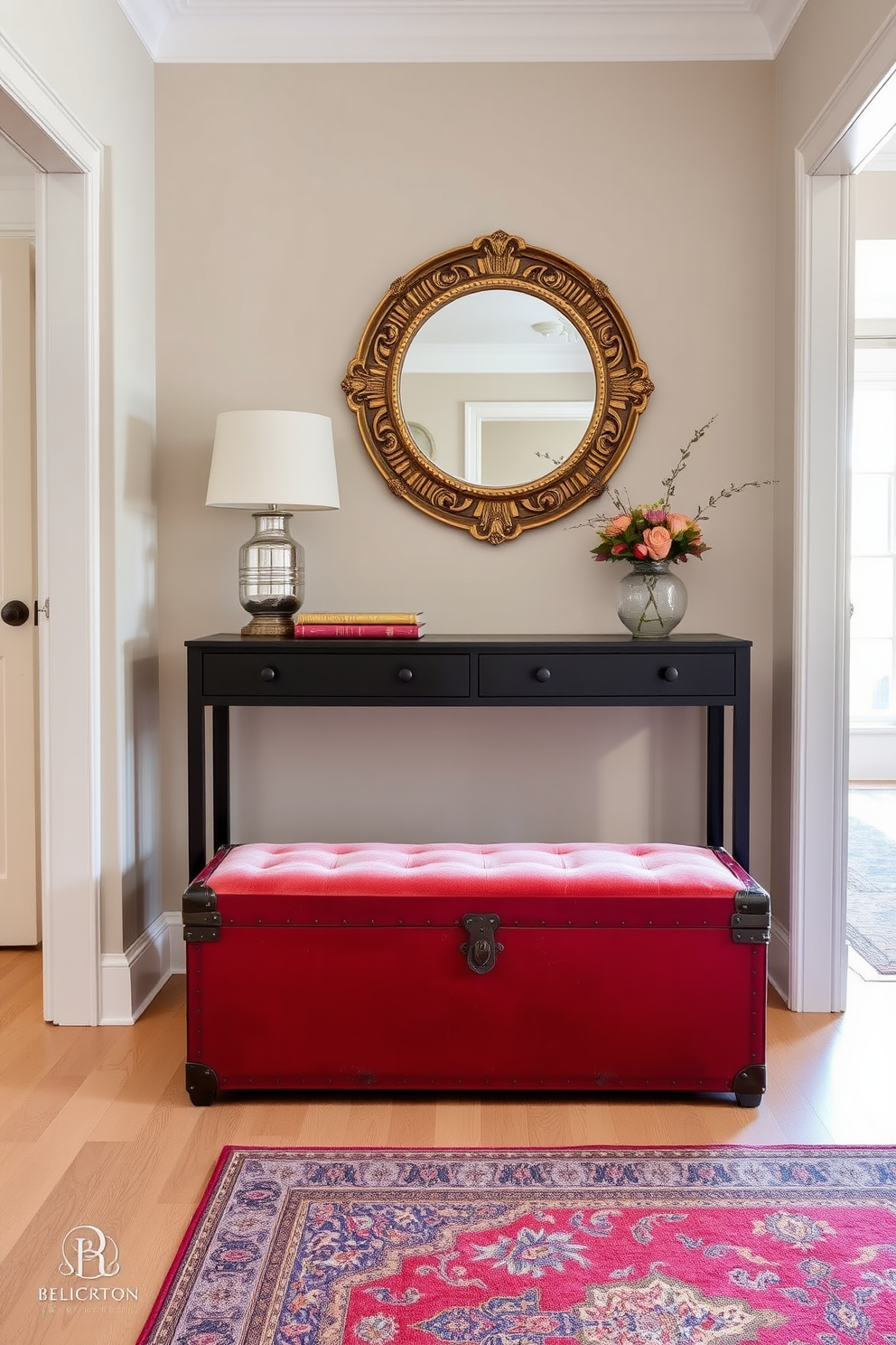 A vintage red trunk serves as a stylish storage solution, positioned at the foot of a plush velvet bench. The trunk's rich color contrasts beautifully with the light wood flooring and soft beige walls. In the foyer, elegant design ideas include a round mirror with an ornate gold frame above a sleek console table. A vibrant area rug adds warmth and character to the space, complementing the vintage trunk's bold hue.