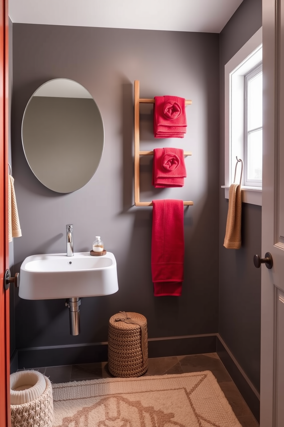 A vibrant powder room featuring bright red towels elegantly displayed on a sleek wooden rack. The space is complemented by neutral accessories, including a minimalist white sink and a soft beige rug that enhances the overall warmth of the design.