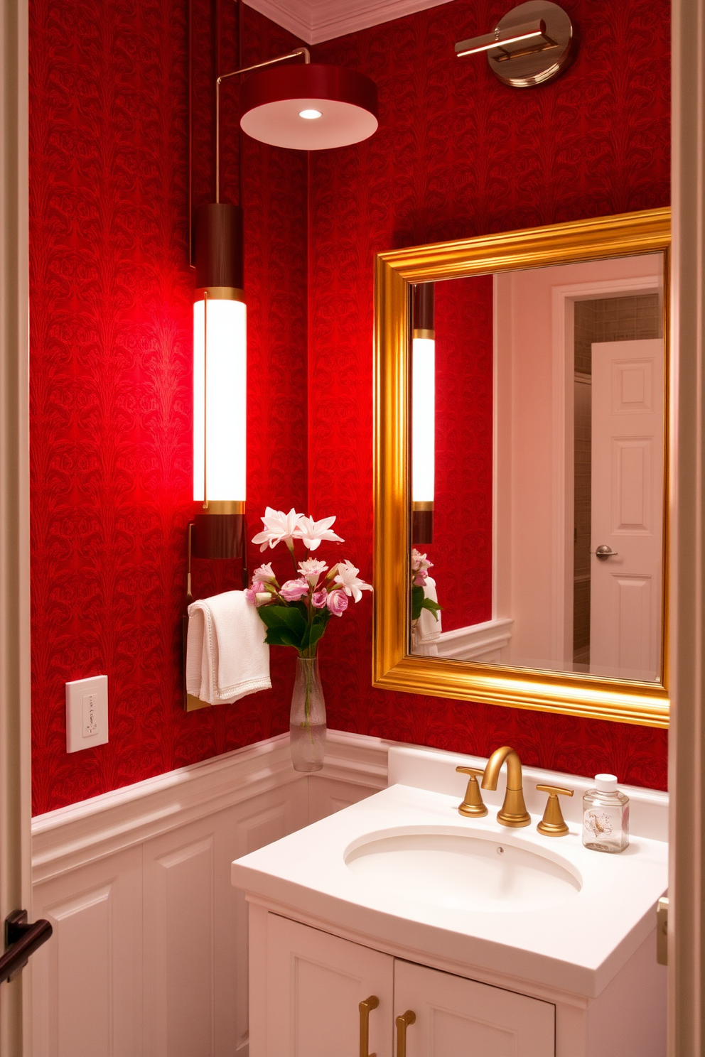 Stylish red lighting fixtures for ambiance. The fixtures feature sleek lines and a modern design, casting a warm red glow that enhances the overall atmosphere of the space. Red Powder Room Design Ideas. The walls are adorned with deep red wallpaper, complemented by a chic white vanity and a gold-framed mirror that adds a touch of elegance.