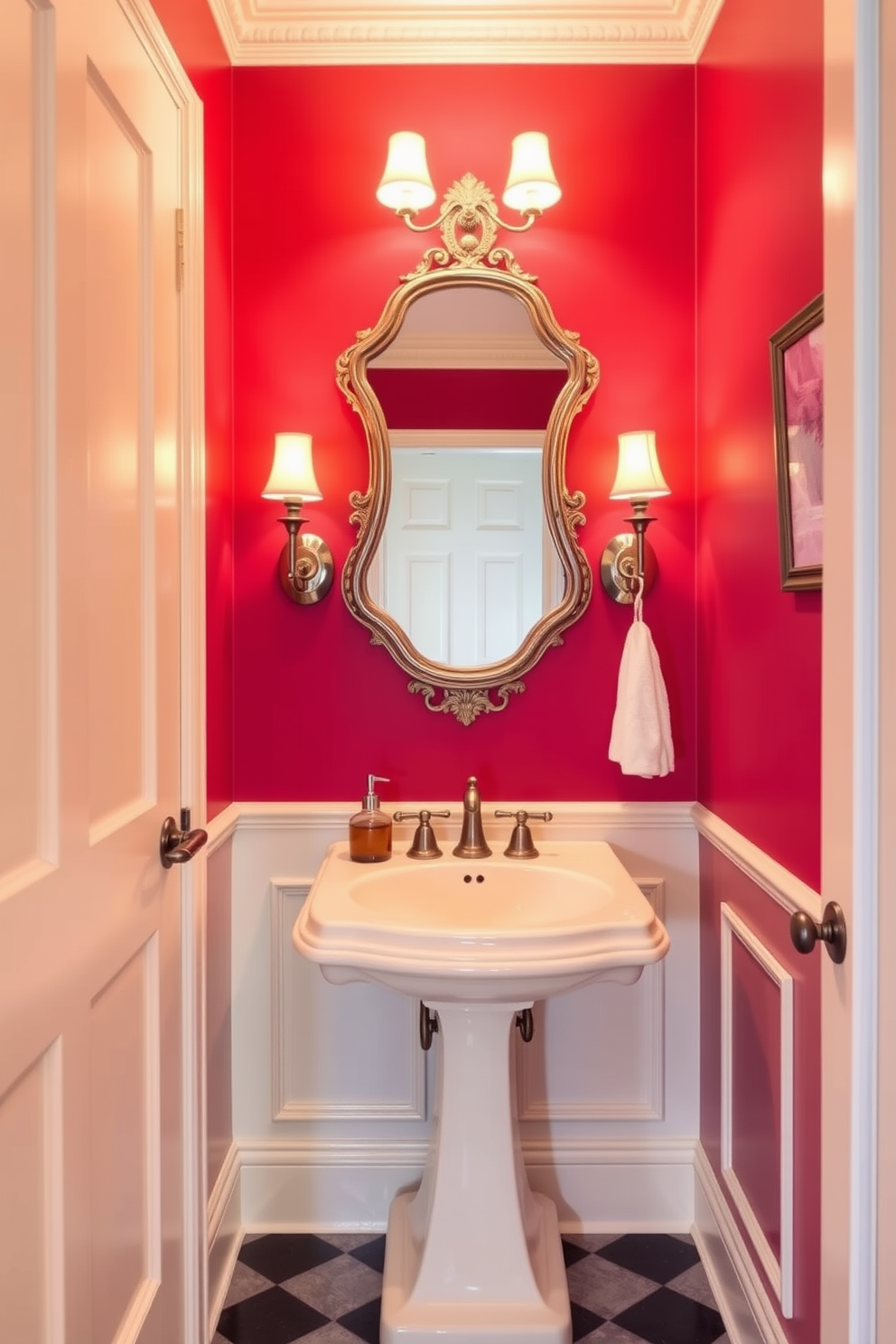A cozy powder room featuring a red and cream color scheme that exudes warmth and elegance. The walls are painted a rich red, complemented by cream-colored wainscoting and decorative trim. A stylish pedestal sink with a cream finish sits against one wall, adorned with a vintage-style mirror above it. Elegant sconces with warm lighting flank the mirror, enhancing the inviting atmosphere of the space.
