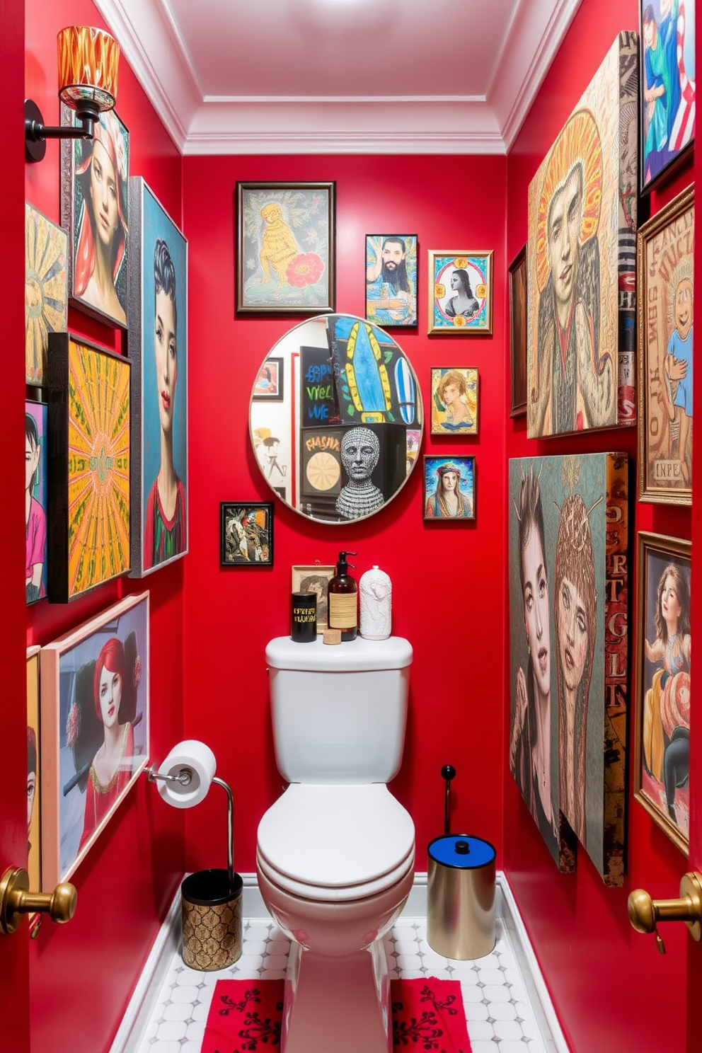 An eclectic red powder room features vibrant art pieces adorning the walls, showcasing a mix of styles and textures that create a dynamic visual impact. The space is complemented by bold lighting fixtures and unique accessories that enhance the overall artistic theme.