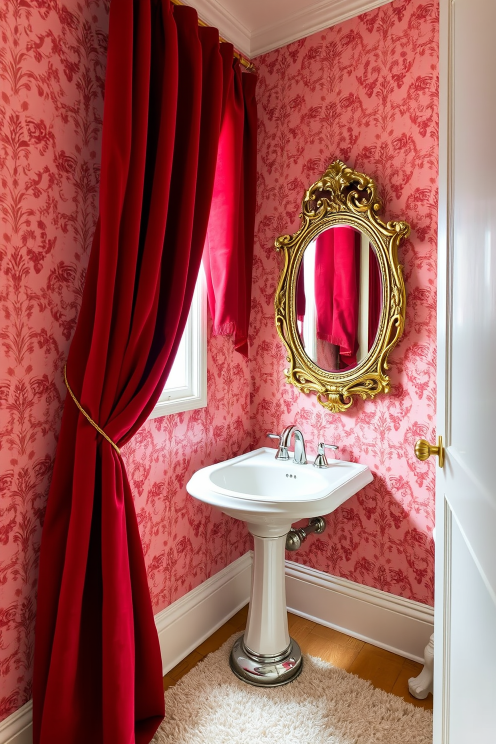 A luxurious red velvet curtain drapes elegantly from a gold rod, creating a rich and opulent atmosphere in the powder room. The walls are adorned with intricate wallpaper featuring a delicate floral pattern, complementing the deep red tones of the curtains. The powder room features a stunning pedestal sink with a polished chrome faucet, paired with a vintage-style mirror framed in ornate gold. A plush area rug in a subtle geometric pattern lies underfoot, adding warmth and texture to the elegant space.