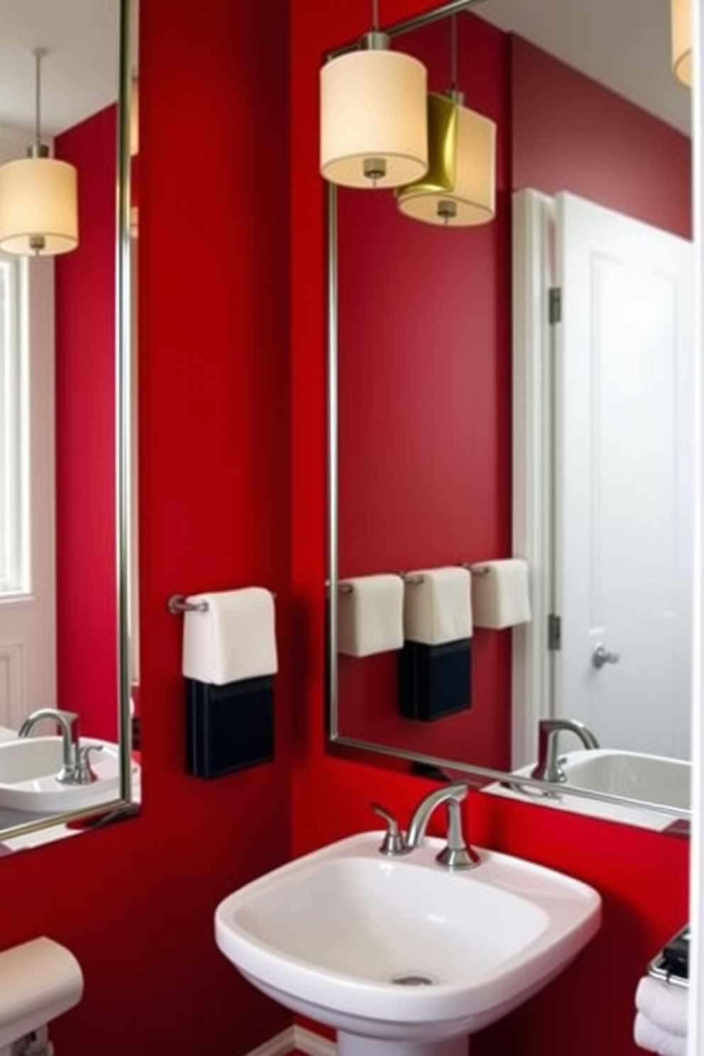 A striking powder room featuring a bold red accent wall that creates a dramatic focal point. The space is complemented by sleek mirrors that reflect light and enhance the room's vibrancy. The decor includes a modern pedestal sink with a polished chrome faucet. Elegant lighting fixtures frame the mirrors, adding warmth and sophistication to the overall design.