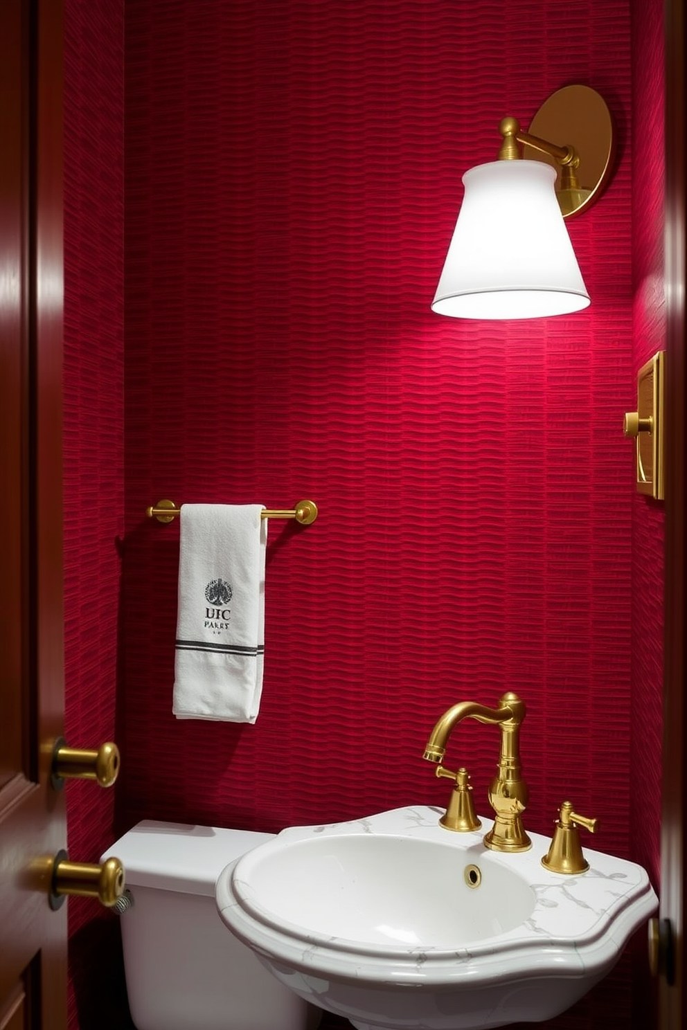 Textured red wallpaper creates a striking backdrop that adds depth and warmth to the space. The powder room features elegant fixtures, including a vintage-style sink and a sleek gold faucet, complemented by rich wooden accents.