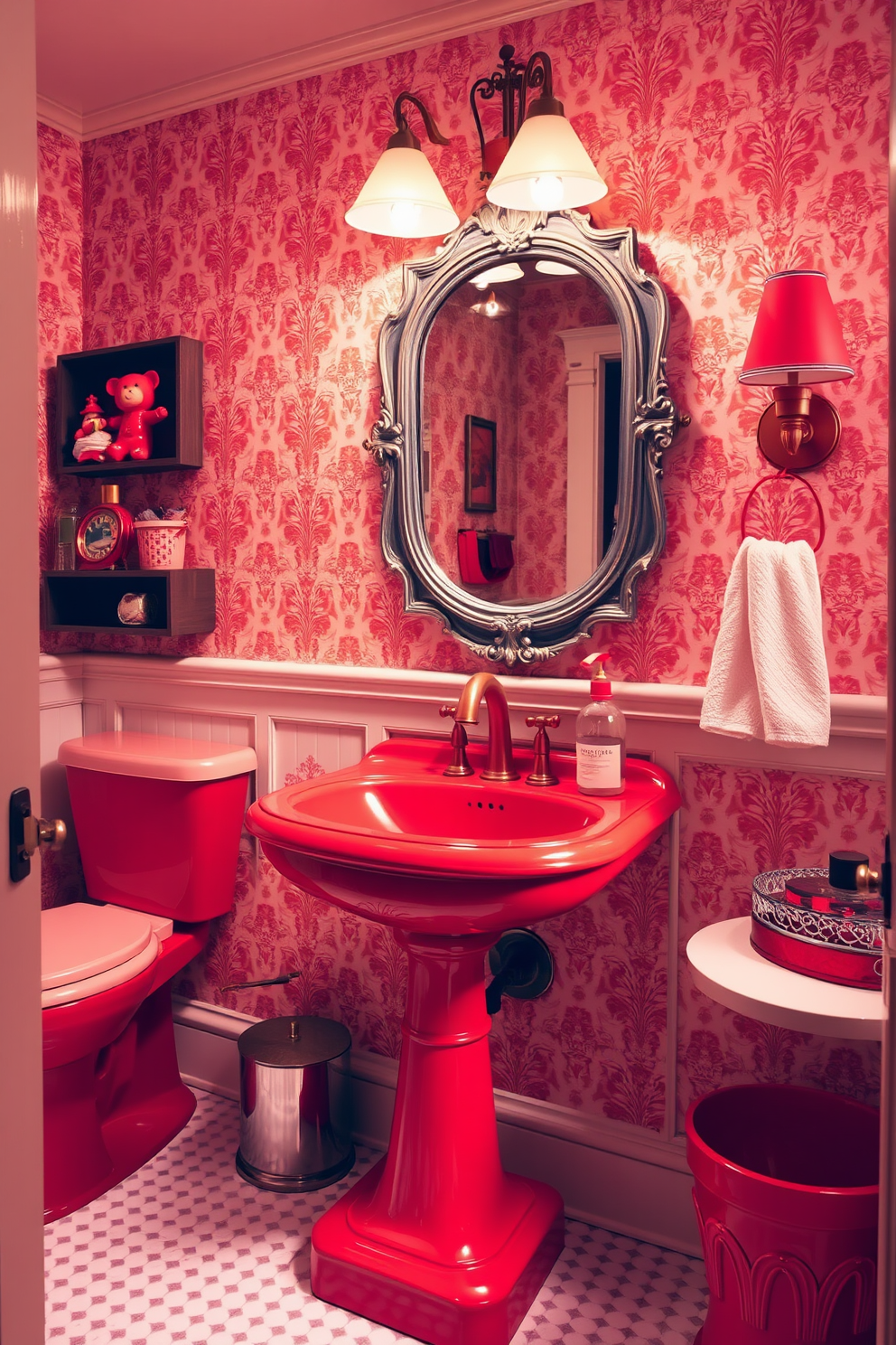 A whimsical powder room filled with vibrant red accents that bring energy and charm to the space. The walls are adorned with playful red wallpaper featuring intricate patterns, while the fixtures and accessories showcase bold red hues in delightful small details. A luxurious pedestal sink with a glossy red finish serves as the focal point, complemented by a vintage-style mirror with ornate detailing. Soft lighting casts a warm glow, enhancing the cheerful atmosphere created by the red accents throughout the room.