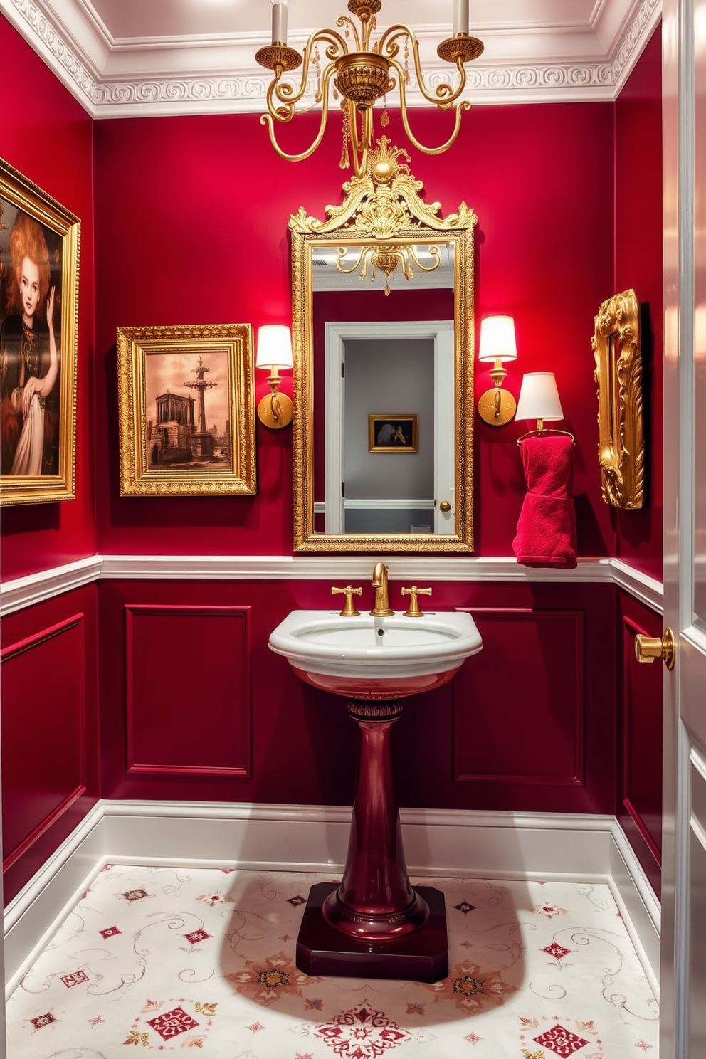 A luxurious powder room adorned with elegant red and gold decor accents. The walls are painted in a rich crimson hue, complemented by gold-framed artwork and ornate light fixtures. A stylish pedestal sink with a gold faucet serves as the centerpiece of the room. Plush red towels are neatly arranged, and a decorative mirror with a gold finish enhances the opulence of the space.