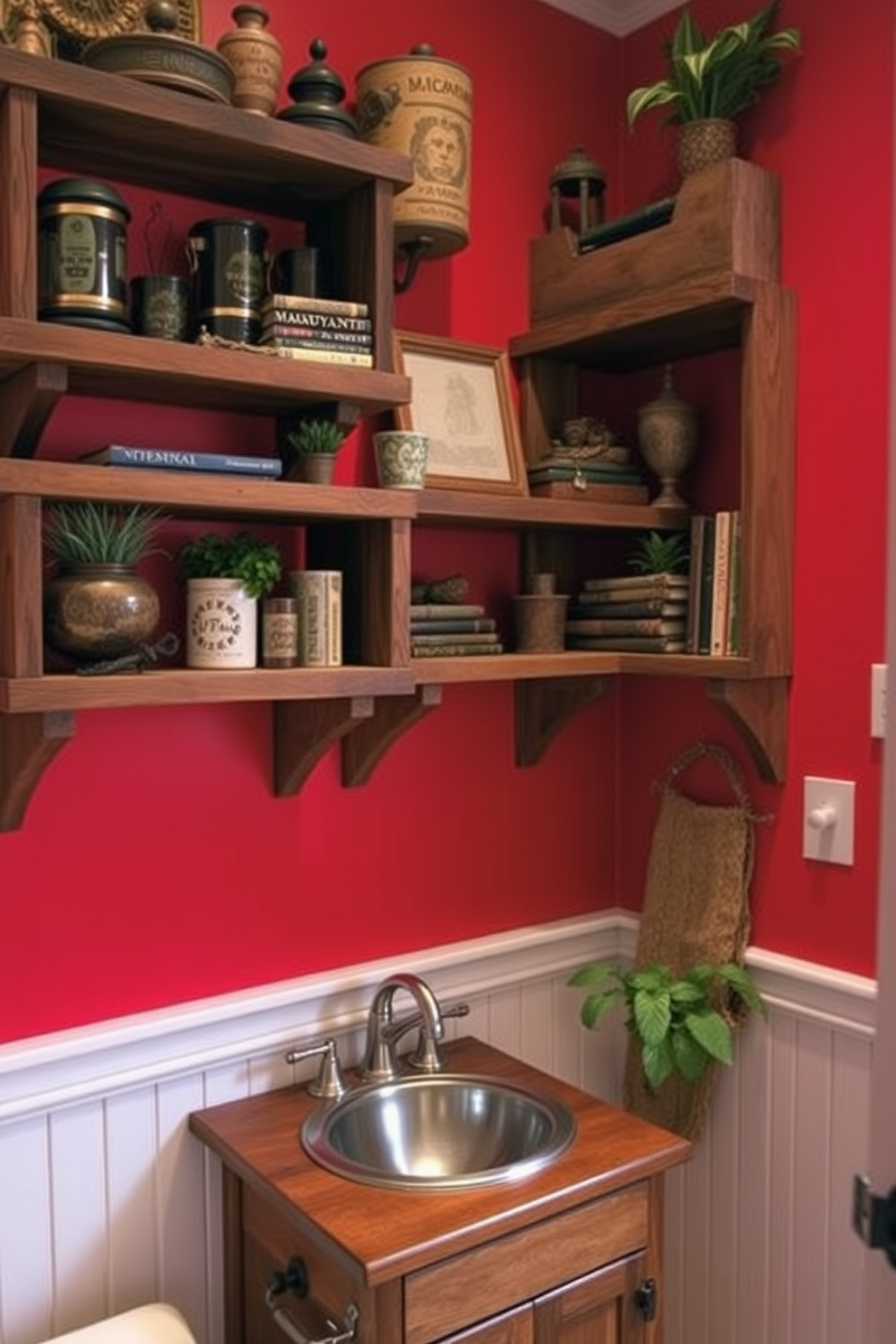 Rustic wooden shelves are mounted against vibrant red walls, creating a warm and inviting atmosphere. The shelves are filled with an assortment of vintage decor items, plants, and books, adding character and charm to the space. The powder room features a striking red color palette that enhances the rustic elements. A small wooden vanity with a polished sink complements the shelves, while soft lighting creates a cozy ambiance.