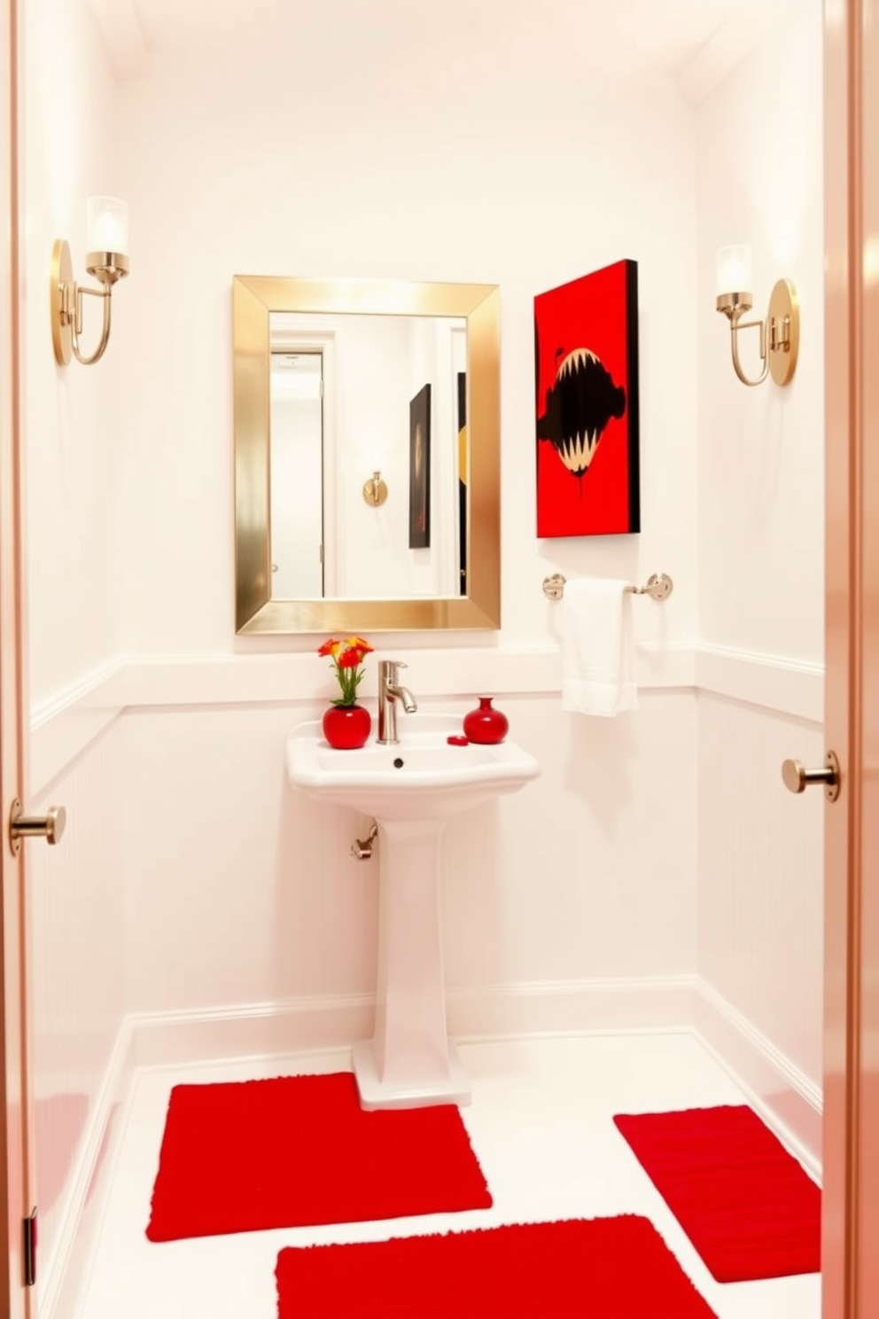 Bright red floor mats create a striking contrast against the soft white walls of the powder room. The space features a sleek pedestal sink paired with a modern mirror framed in brushed nickel. A bold artwork piece hangs above the sink, adding a touch of personality to the design. The lighting fixtures are elegant sconces that cast a warm glow, enhancing the vibrant red accents throughout the room.
