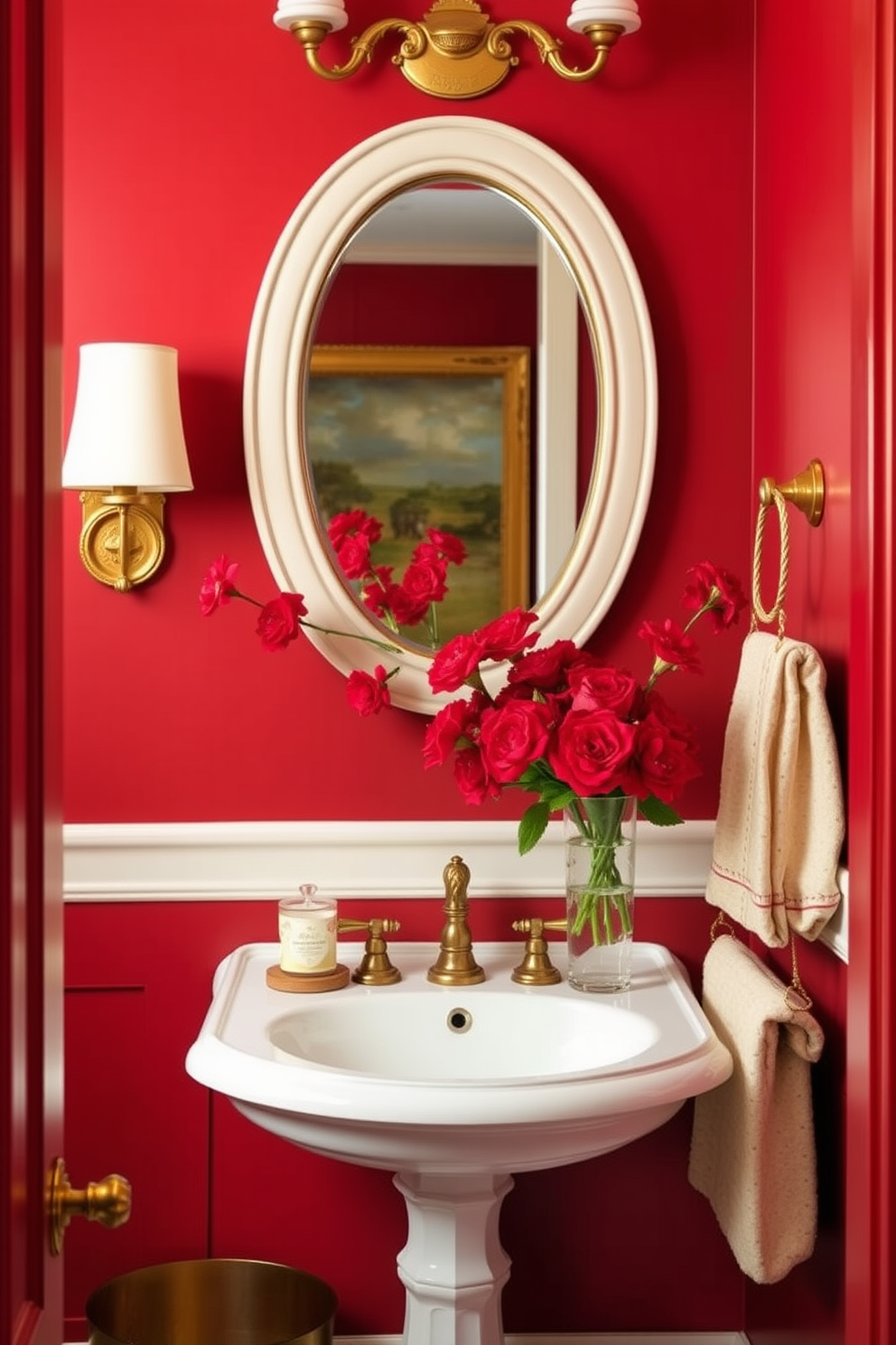 Charming red floral arrangements for decor. Bright red blooms in elegant vases create a vibrant focal point in the room. Red Powder Room Design Ideas. A small powder room features deep red walls with gold accents, complemented by a stylish pedestal sink and a round mirror.