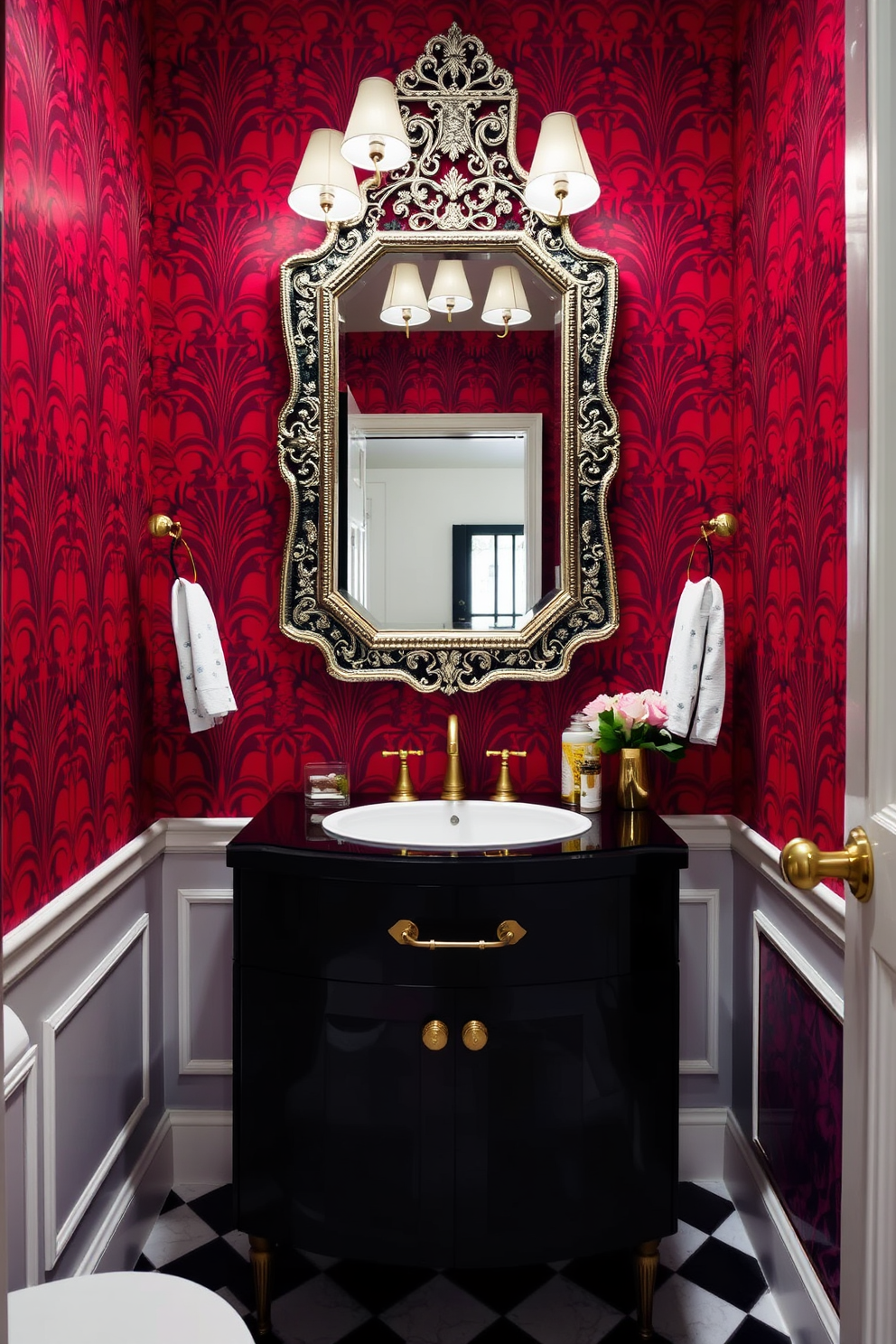 A striking powder room adorned with art deco red patterns creates a vintage vibe. The walls are covered in bold red wallpaper featuring geometric designs, complemented by a sleek black vanity with gold accents. A vintage-style mirror with an ornate frame hangs above the vanity, reflecting the elegant lighting fixtures. The floor is finished with black and white tiles that enhance the room's classic appeal.