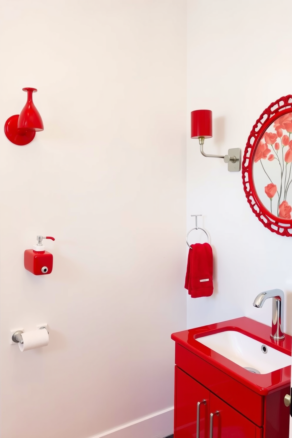 A vibrant powder room featuring playful red accessories that add a fun touch to the space. The walls are painted in a soft white, creating a bright backdrop for bold red accents like a whimsical soap dispenser and a decorative mirror with a red frame. A stylish red vanity with a sleek sink complements the playful theme. To enhance the atmosphere, red towels are neatly displayed and a cheerful artwork with red hues adorns the wall.