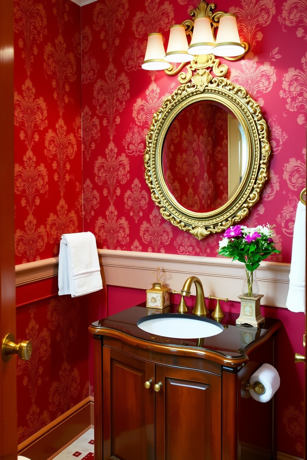 A classic red and gold powder room featuring elegant wallpaper with a damask pattern. The vanity is a rich mahogany with a gold-finished faucet, complemented by a round mirror with an ornate gold frame. The walls are painted in a deep crimson hue, creating a warm and inviting atmosphere. Accessories include gold accents in the form of towel holders and decorative elements, enhancing the luxurious feel of the space.