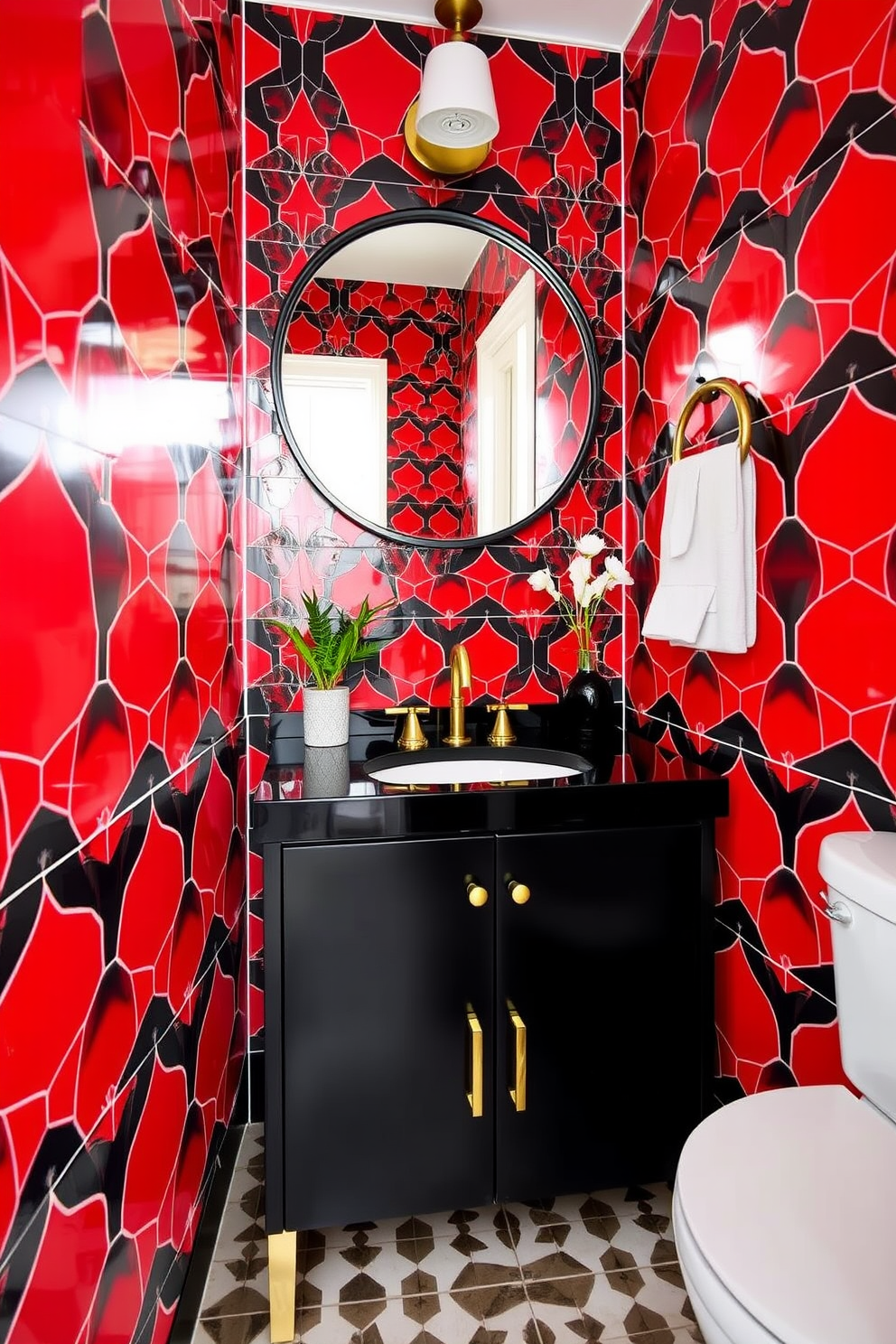 Chic red and black geometric tiles create a bold statement in the powder room. The walls are adorned with a sleek black vanity featuring gold hardware, and a round mirror hangs above it, reflecting the vibrant tile design.