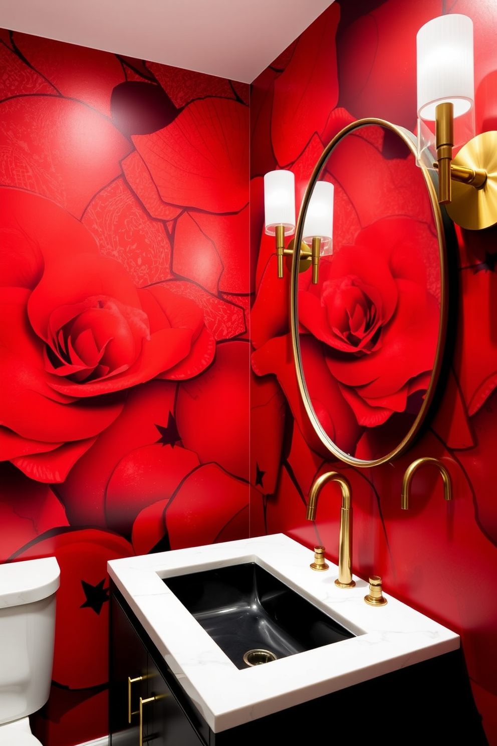 Artistic red mural as focal point. The walls are adorned with a vibrant red mural that captures attention and adds a dramatic flair to the space. The powder room features a sleek black vanity with a white countertop. Elegant gold fixtures complement the bold mural, creating a striking contrast.
