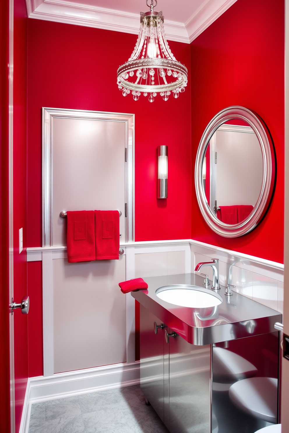A striking powder room featuring bold red walls adorned with silver metallic accents. The space includes a sleek silver vanity with a modern sink and a large round mirror framed in silver. Elegant red towels are neatly arranged on the vanity, complementing the vibrant color scheme. A stylish pendant light with silver details hangs from the ceiling, adding a touch of sophistication to the room.