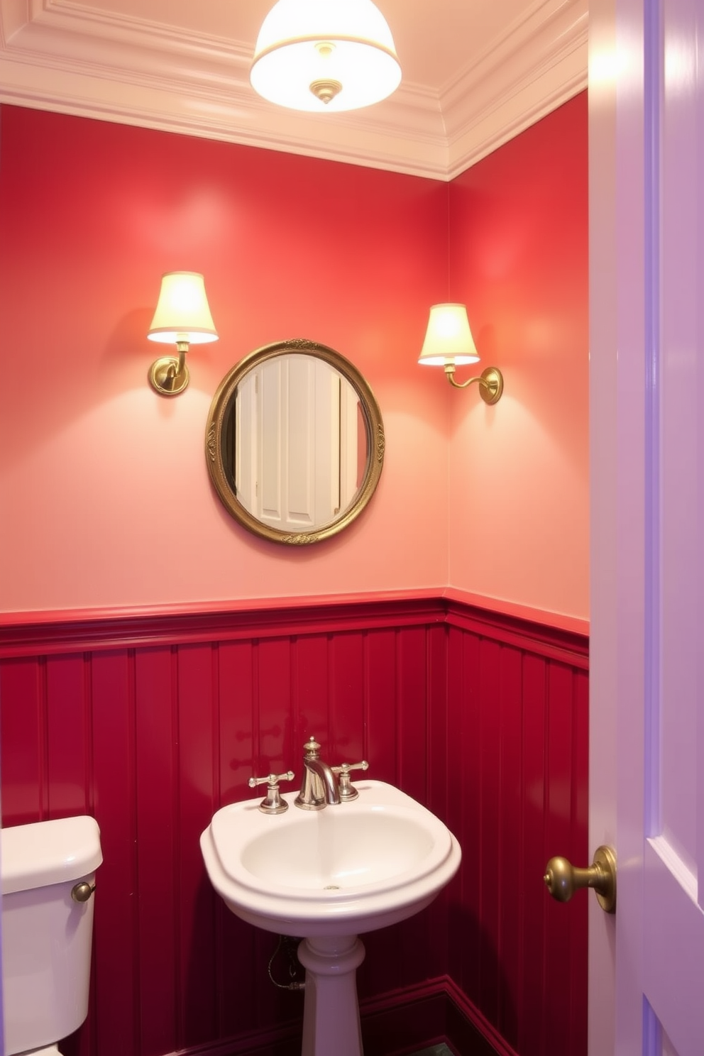 Classic red wainscoting adorns the lower half of the walls, creating a warm and inviting atmosphere. The crown molding above adds an elegant touch, enhancing the room's sophistication. The powder room features a vintage pedestal sink with a polished chrome faucet, complemented by a round mirror with a decorative frame. Soft lighting fixtures with a warm glow illuminate the space, highlighting the rich red tones of the wainscoting.