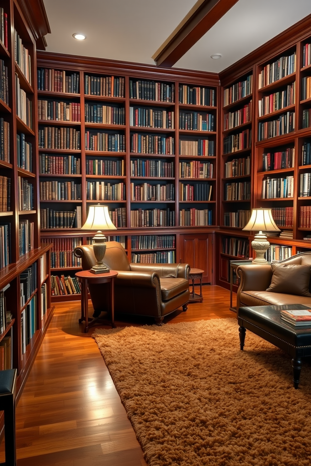 A cozy home library featuring rich wooden bookshelves filled with an array of books. Plush, textured rugs in warm earth tones cover the hardwood floor, inviting you to sit and read. The library is adorned with comfortable seating options, including a large leather armchair and a vintage-style sofa. Soft lighting from table lamps creates a warm and inviting atmosphere, perfect for curling up with a good book.