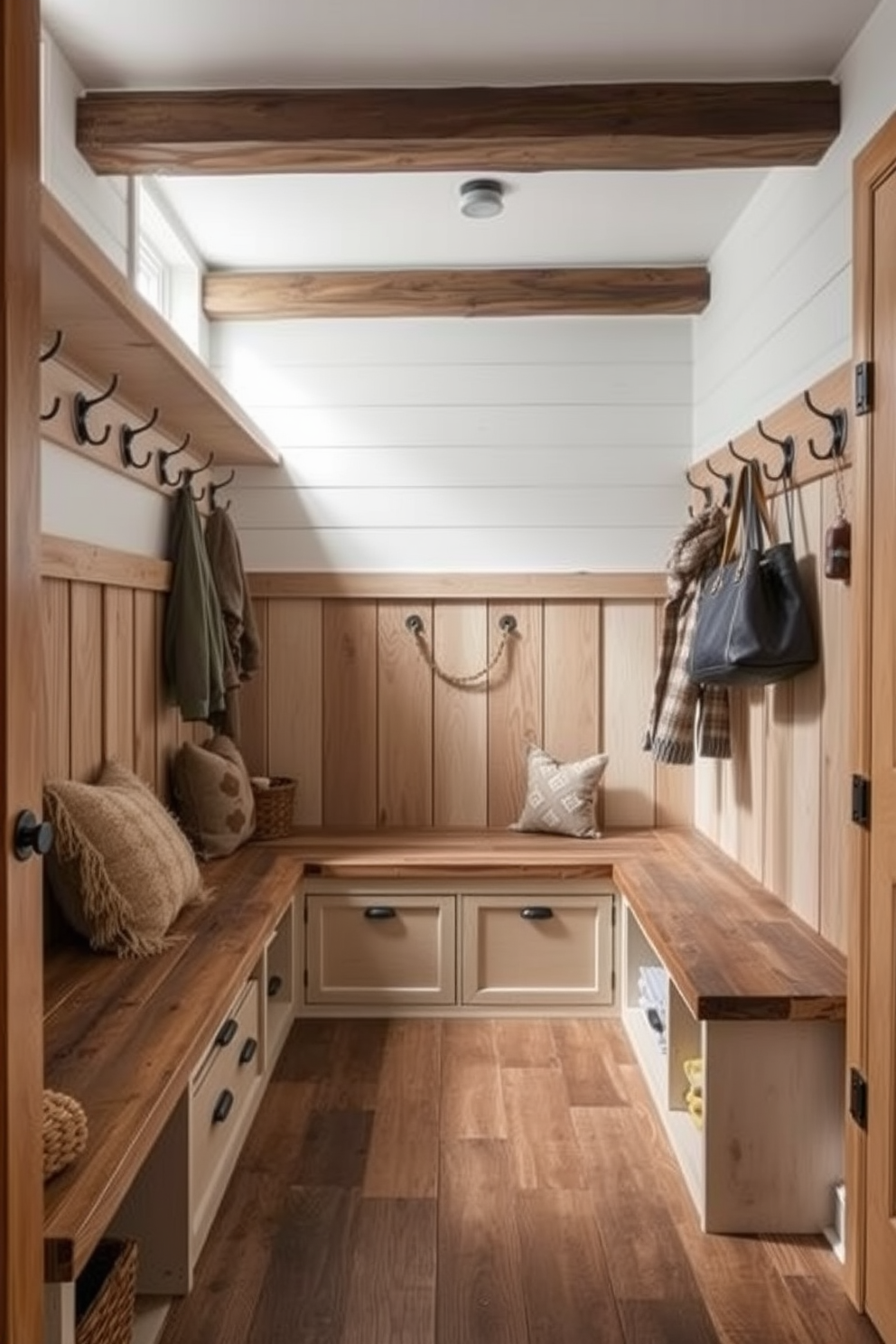 A rustic wooden bench with storage underneath sits against a wall in a cozy mudroom. The bench features a weathered finish and is adorned with soft cushions, while hooks above hold an array of jackets and hats. The mudroom is designed with natural wood paneling and a slate floor, offering a warm and welcoming atmosphere. A woven basket is placed under the bench, providing additional storage for shoes and outdoor gear.