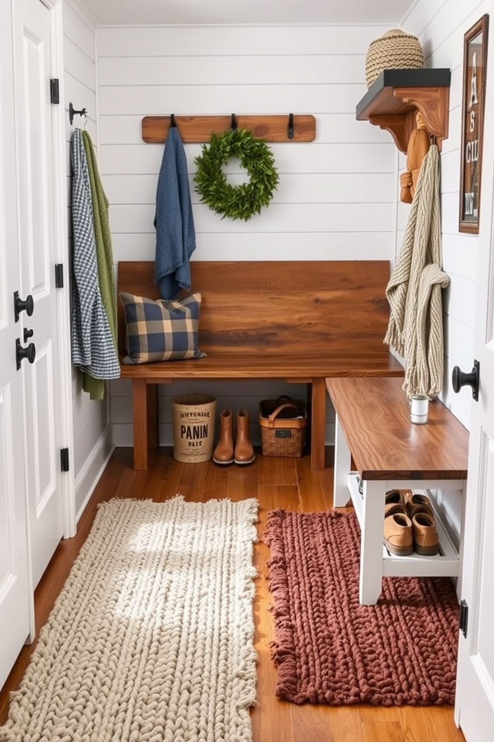Rustic lighting fixtures with Edison bulbs create a warm and inviting atmosphere. The fixtures are suspended from a wooden beam ceiling, casting a soft glow over the space. Rustic mudroom design ideas feature reclaimed wood benches and hooks for hanging coats. The floor is adorned with patterned tiles, complementing the earthy tones of the decor.