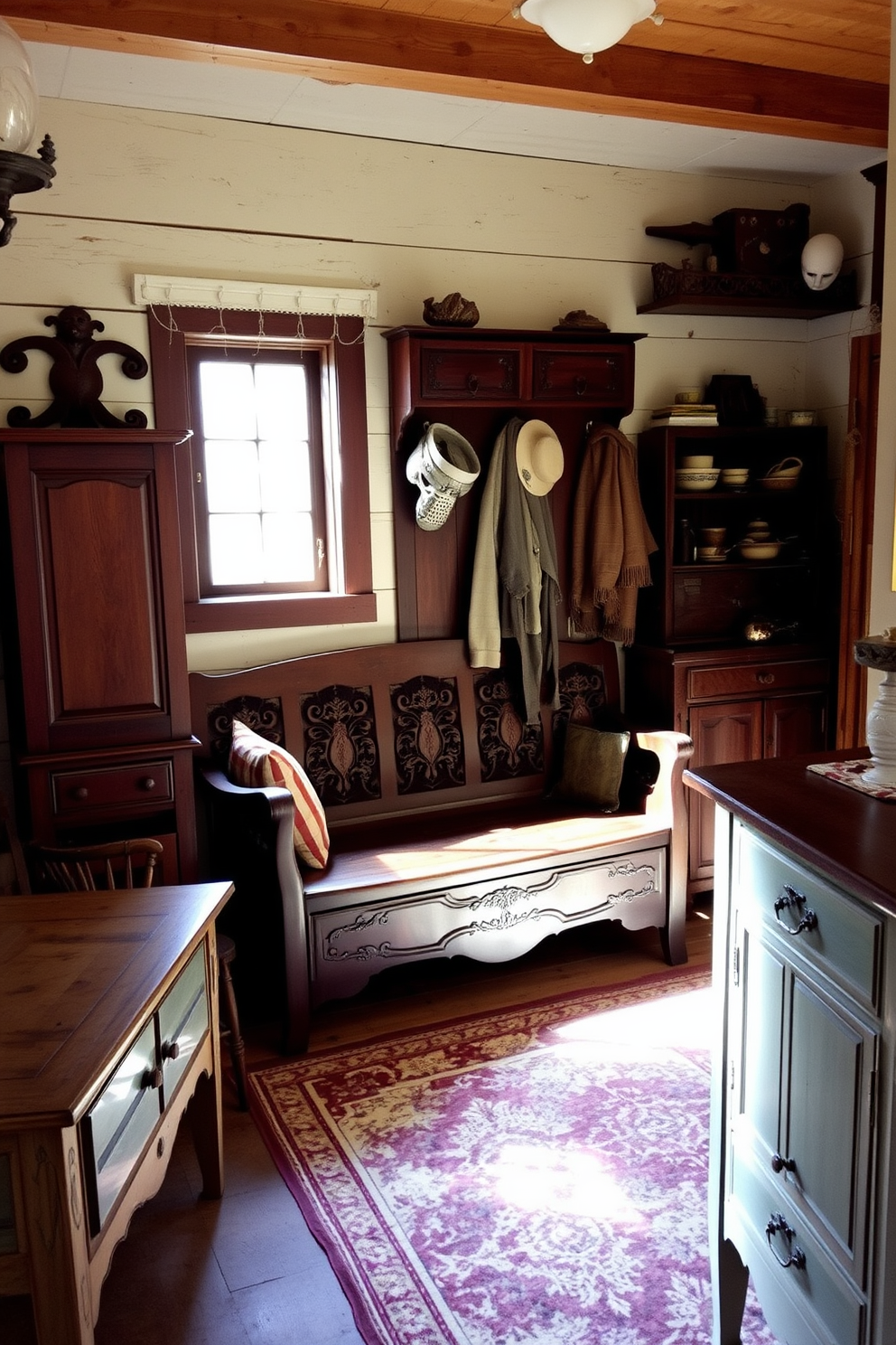 A cedar closet with built-in shelving and hanging space for clothing and accessories. The warm wood tones create a cozy atmosphere, while fragrant cedar wood adds a natural scent to the stored items. A rustic mudroom featuring a combination of reclaimed wood benches and hooks for coats. The space is enhanced by a patterned area rug and a large window that allows natural light to flood in.