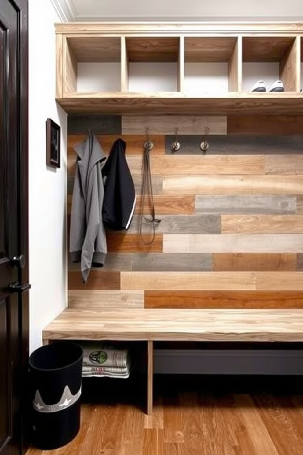 A cozy mudroom featuring built-in lockers made of reclaimed wood for family organization. Each locker is personalized with hooks and baskets, creating a functional and inviting space. The walls are painted in a soft cream color, enhancing the rustic charm. A durable bench with storage underneath complements the design, and a patterned area rug adds warmth to the floor.