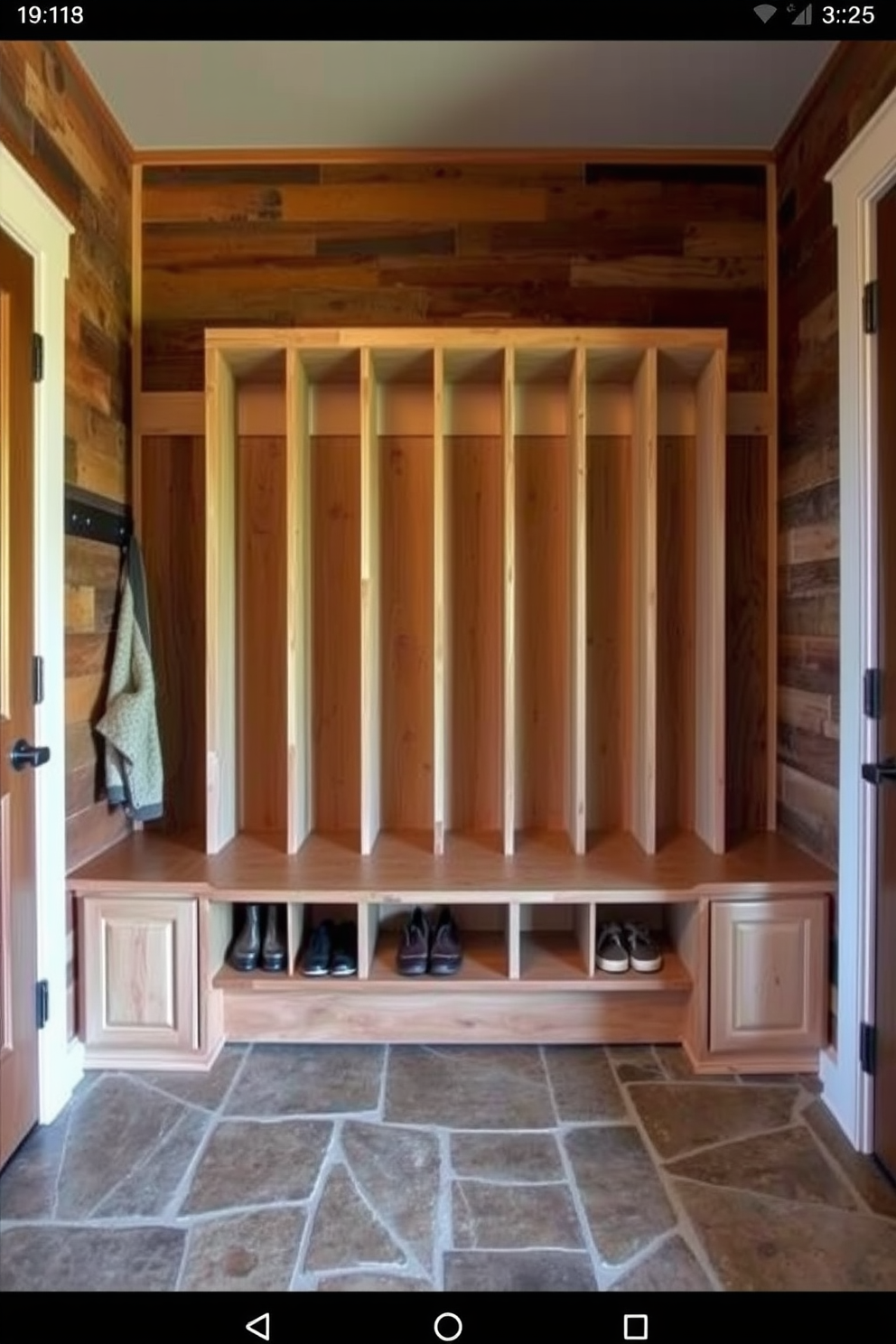 A cozy area rug is placed in the center of the room, featuring warm colors and soft textures that invite relaxation. Surrounding the rug are comfortable seating options, creating an inviting space for gatherings. The rustic mudroom design includes reclaimed wood accents and a combination of open shelving and closed cabinetry for storage. A bench with cushions provides a practical yet stylish seating area, perfect for removing shoes and outdoor gear.