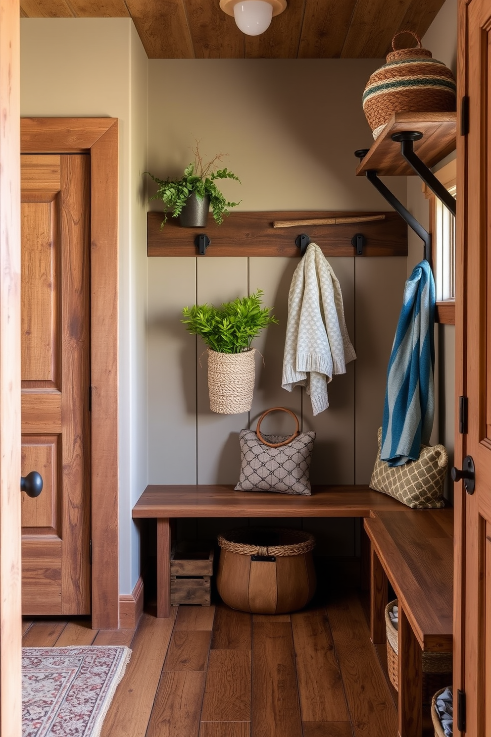A rustic framed mirror hangs above a wooden bench in a mudroom, inviting warmth and charm. The space features shiplap walls painted in a soft white, complemented by a durable tile floor that can withstand muddy shoes. The mudroom includes open shelving for storage and hooks for coats, creating an organized and functional area. Natural light pours in through a nearby window, enhancing the cozy atmosphere of this welcoming entryway.